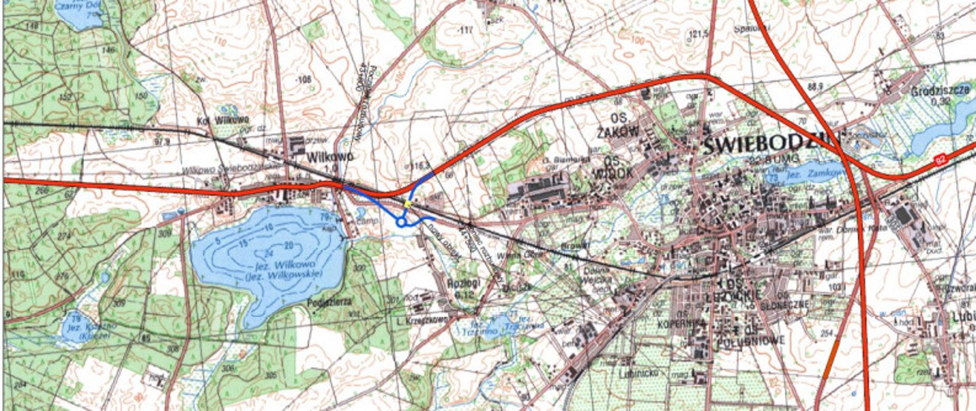 Zdjęcie przedstawia plan orientacyjny rozbudowy drogi krajowej nr 92 w pobliżu miejscowości Wilkowo