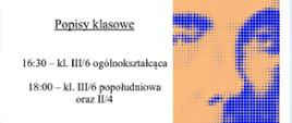 Afisz z zaproszeniem na koncerty klasowe. Po lewej stronie informacje o wydarzeniu - 16:30 kl. III/6 ogólnokształcąca, 18:00 - kl. III/6 popołudniowa i klasa II/4; 16 listopada 2023 sala koncertowa. Po prawej stronie wizerunek Karola Szymanowskiego. U dołu logotyp szkoły.