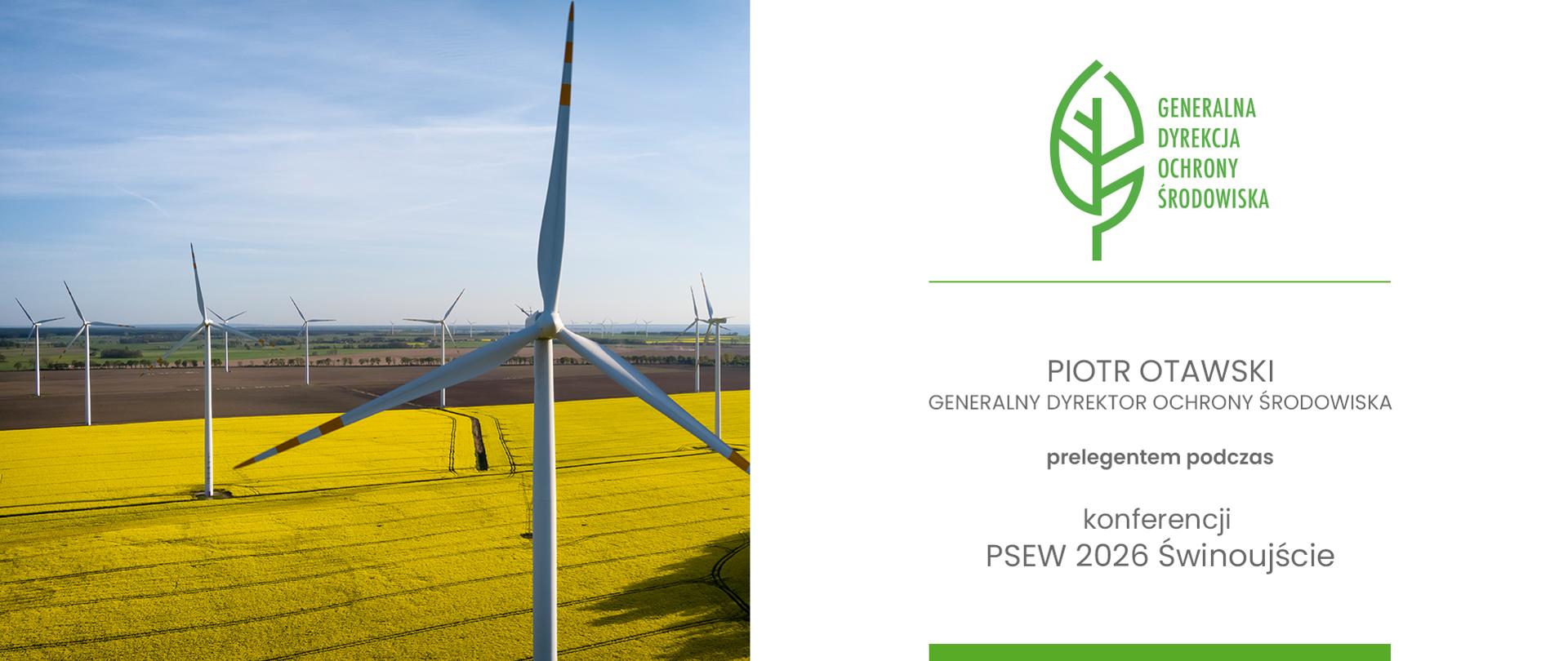 Po lewej stronie znajduje się widok farmy wiatrowej z lotu ptaka. Na pierwszym planie widać nowoczesne turbiny wiatrowe usytuowane na tle rozległego, intensywnie żółtego pola rzepaku oraz sąsiadujących z nim zaoranych pól. W tle rozciąga się czyste, błękitne niebo. Po prawej stronie znajduje się informacja tekstowa na białym tle. Na samej górze umieszczono logo Generalnej Dyrekcji Ochrony Środowiska (zielony liść układający się w kształt drzewa). Poniżej znajduje się napis informujący, że Piotr Otawski (Generalny Dyrektor Ochrony Środowiska) jest prelegentem podczas konferencji „PSEW 2026 Świnoujście”.