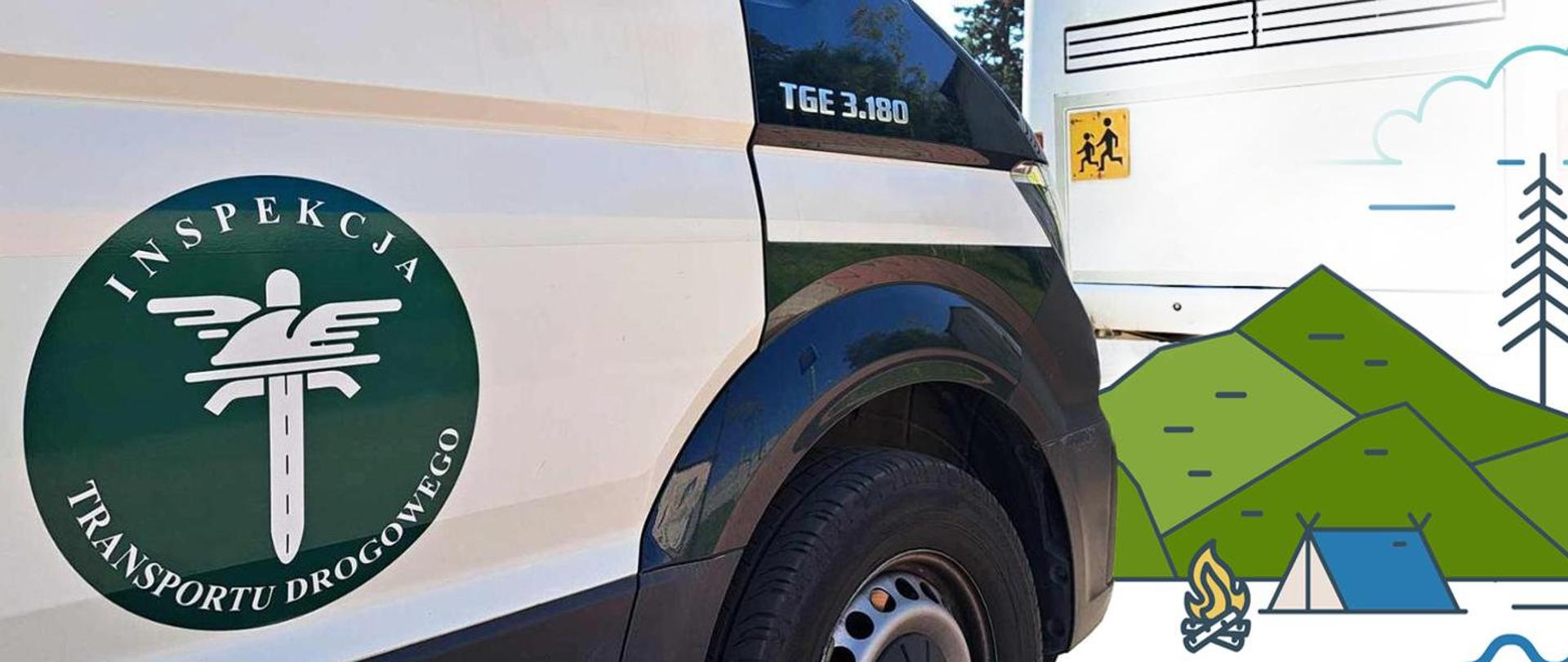 Od lewej: samochód kontrolny ITD, autobus, dodana grafika promująca akcję bezpieczny autokar