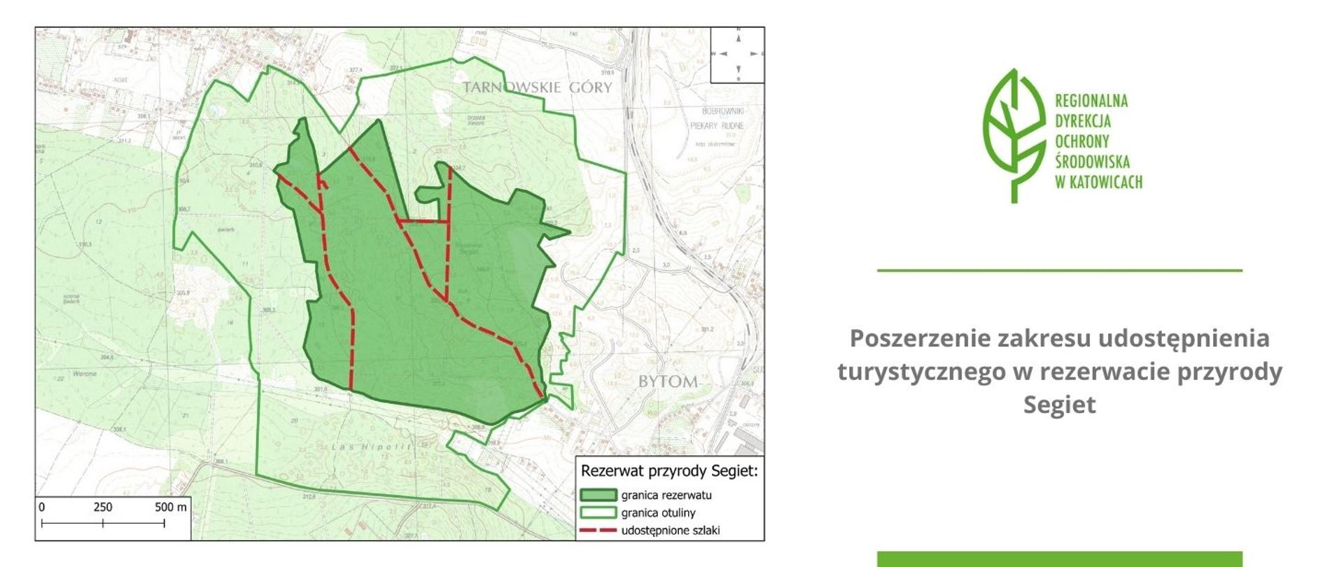 Grafika z mapą rezerwatu przyrody Segiet z udostępnionymi szlakami oraz treścią poszerzenie zakresu udostępnienia turystycznego w rezerwacie przyrody Segiet
