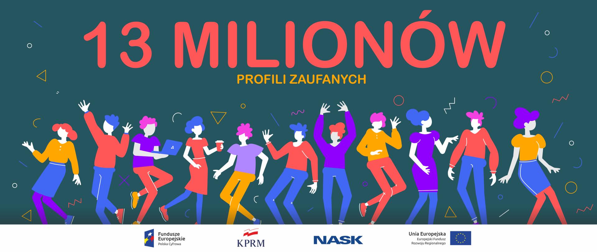 Kolorowa grafika wektorowa - 11 postaci radosnych pozach. Na górze tekst: 13 milionów profili zaufanych.
