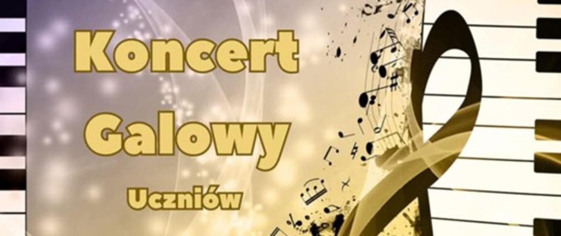 Plakat ma dynamiczny, muzyczny charakter. Tło przechodzi od fioletowego (u góry) do złocisto-pomarańczowego (u dołu), z wirującymi smugami światła i wirami nut, tworzącymi efekt ruchu. Po bokach plakatu znajdują się wygięte klawisze fortepianu, przypominające skrzydła lub fale. Po prawej stronie znajduje się duży, złoty klucz wiolinowy otoczony nutkami i graficznymi efektami muzycznymi. W jego środku znajduje się mała, kolorowa tarcza z herbem miasta Rabka-Zdrój. Na plakacie zamieszczono następujący tekst:
**PAŃSTWOWA SZKOŁA MUZYCZNA IM. FRYDERYKA CHOPINA W RABCE-ZDROJU** Koncert Galowy Uczniów 17 czerwca 2025 r. Godz. 16:30 Teatr Lalek „Rabcio” ul. Orkana 3c