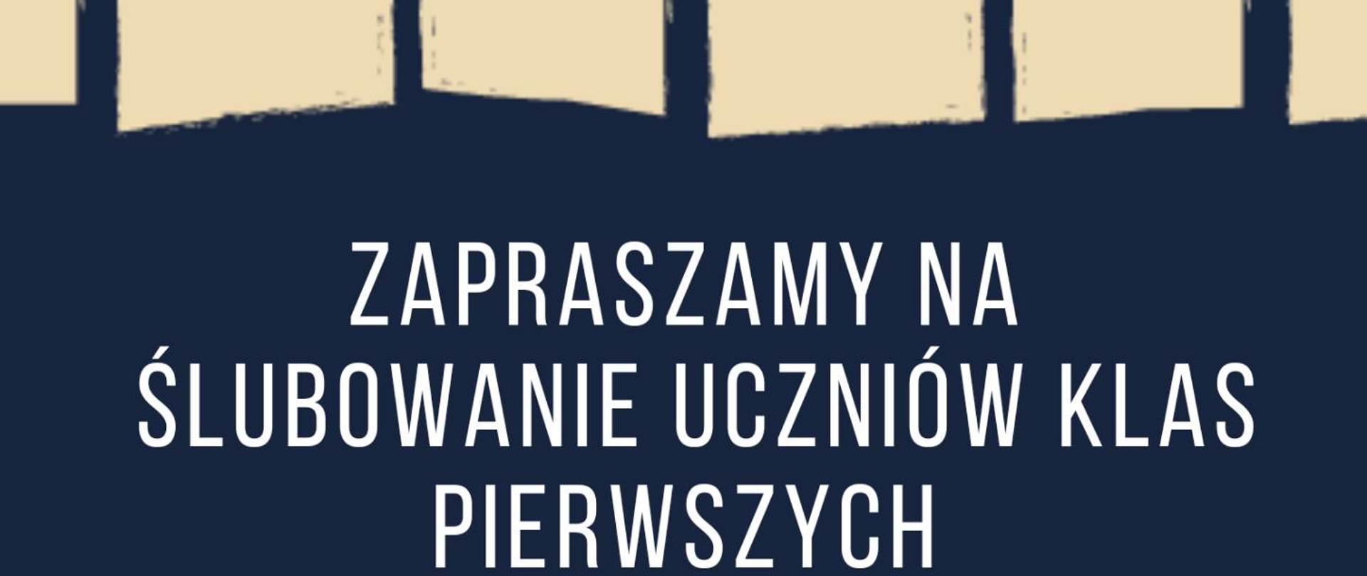 granatowo-beżowe tło z zarysem klawiatury i biały napis z informacjami o ślubowaniu klas pierwszych szkoły muzycznej pierwszego stopnia