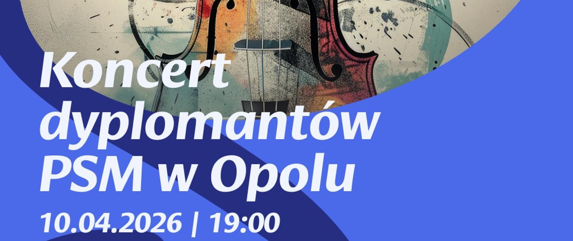 Abstrakcyjny plakat utrzymany w odcieniach niebieskiego z dużym, owalnym wycięciem pośrodku. W jego wnętrzu znajduje się stylizowana ilustracja skrzypiec – instrument podzielony na dwie części różniące się kolorystyką: lewa strona w ciepłych barwach czerwieni i pomarańczu, prawa w chłodniejszych tonach zieleni i szarości. Tło wokół skrzypiec ma charakter malarski, z plamami farby, rozpryskami i geometrycznymi liniami oraz okręgami, co nadaje kompozycji nowoczesny, dynamiczny wygląd. Dolna część plakatu zawiera duże, białe, pochylone napisy na niebieskim tle. W lewym górnym rogu widoczne jest logo filharmonii, a w prawym dolnym – logo szkoły muzycznej. Całość ma elegancki, współczesny charakter z wyraźnym kontrastem między intensywną grafiką skrzypiec a spokojnym, jednolitym tłem.