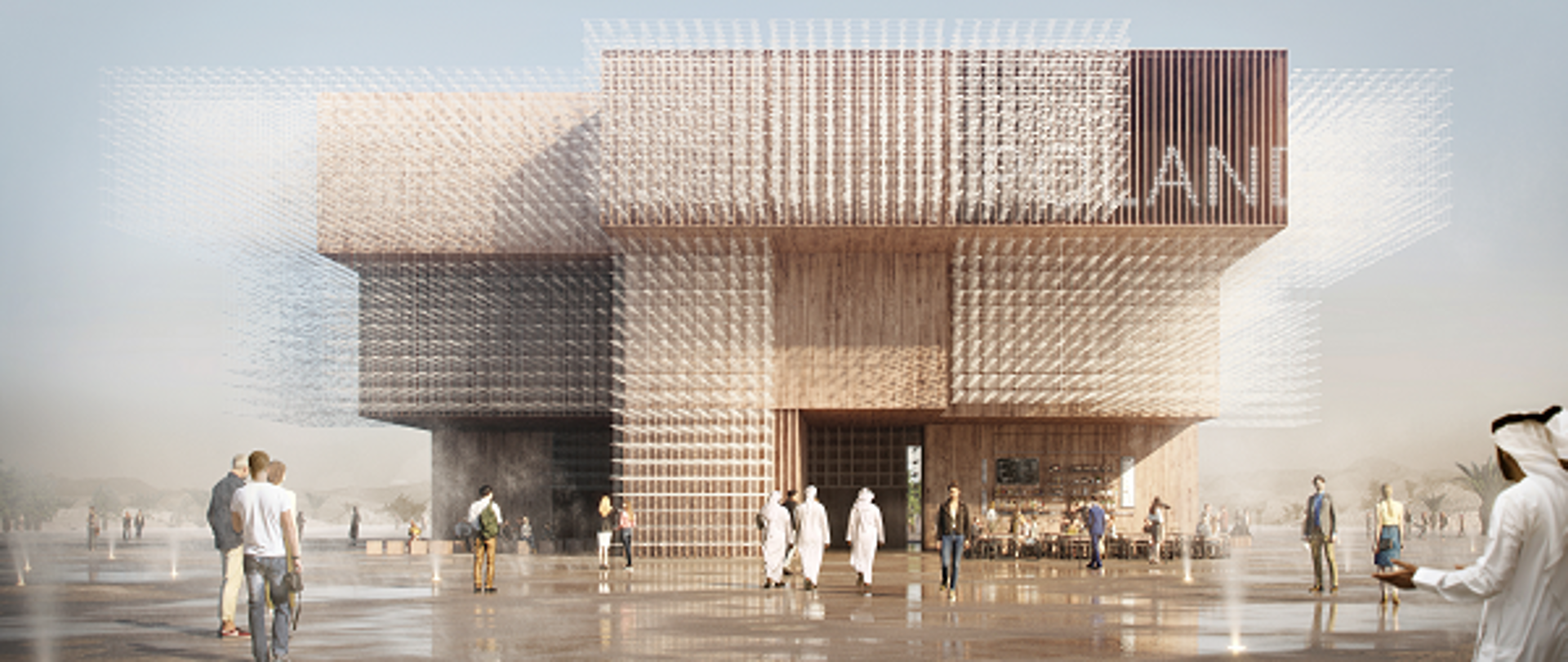 Na pierwszym tle zwiedzający wystawę, w dalszej części polski pawilon