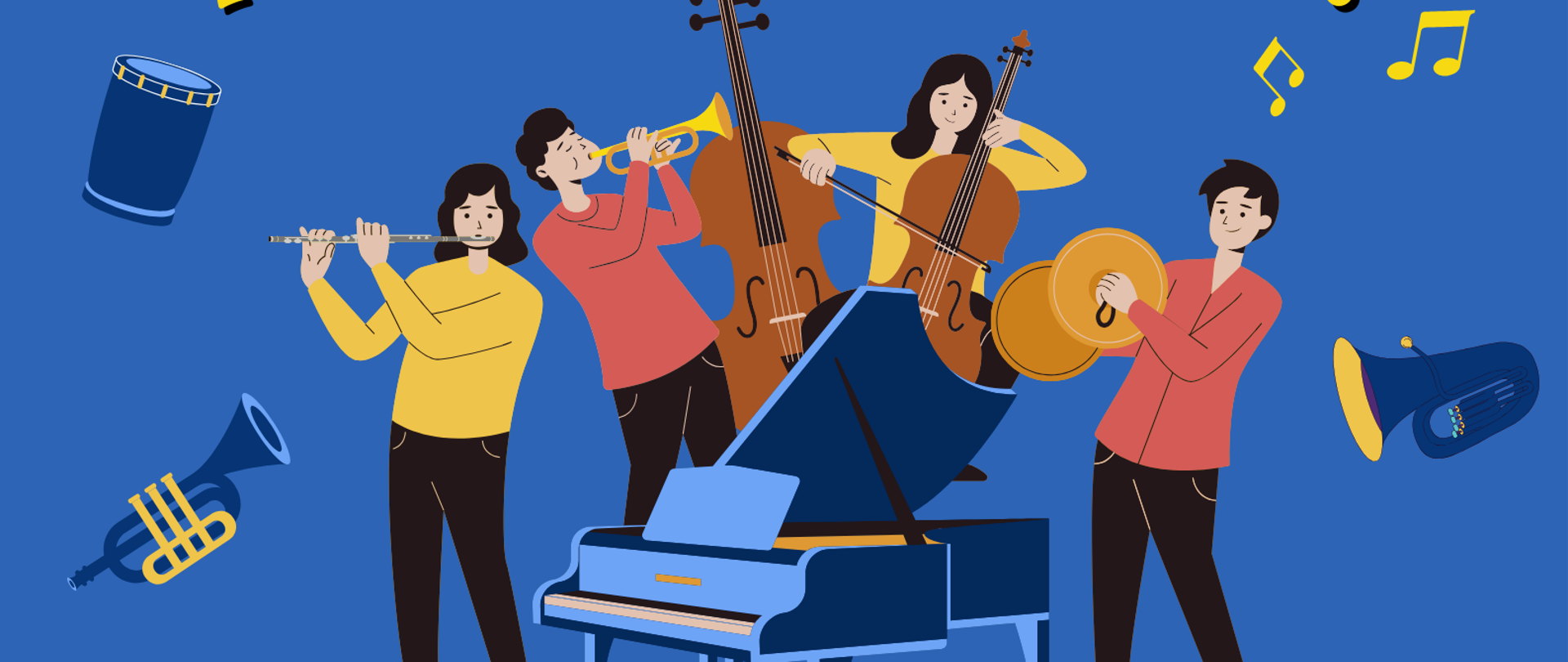 w centralnej części fortepian, a za nim zespół grający na flecie, trąbce, wiolonczeli i talerzach, na skraju instrumenty muzyczne i nuty, całość na niebieskim tle