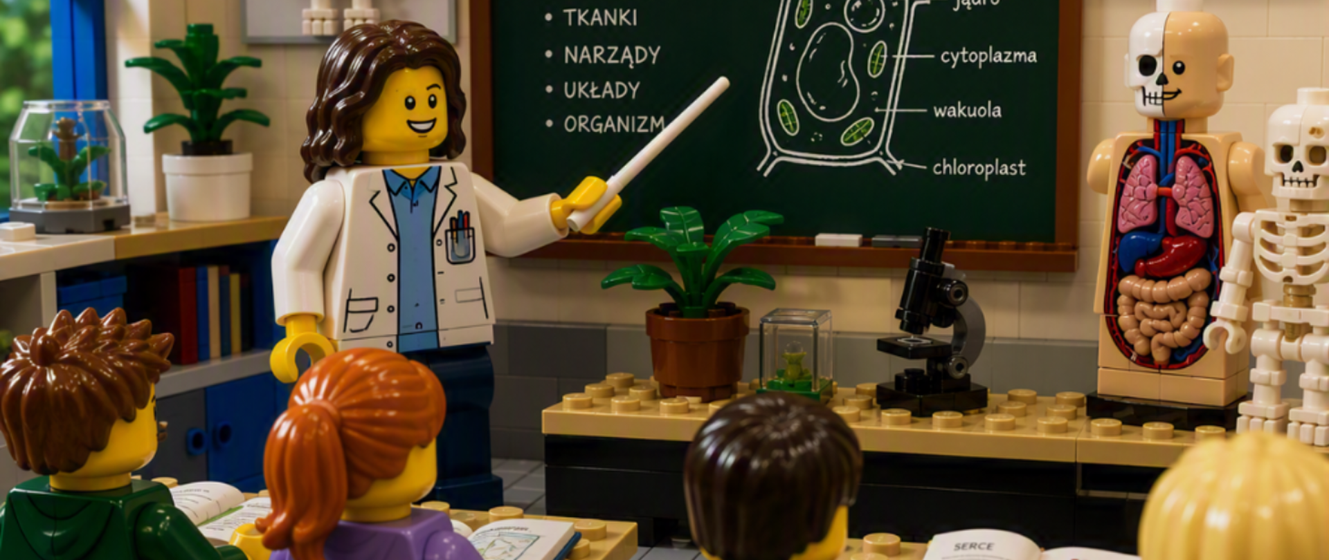 Miniatura przedstawia zajęcia edukacyjne w szkole. Zamiast uczniów i nauczyciela na grafice przedstawione są ludziki LEGO.