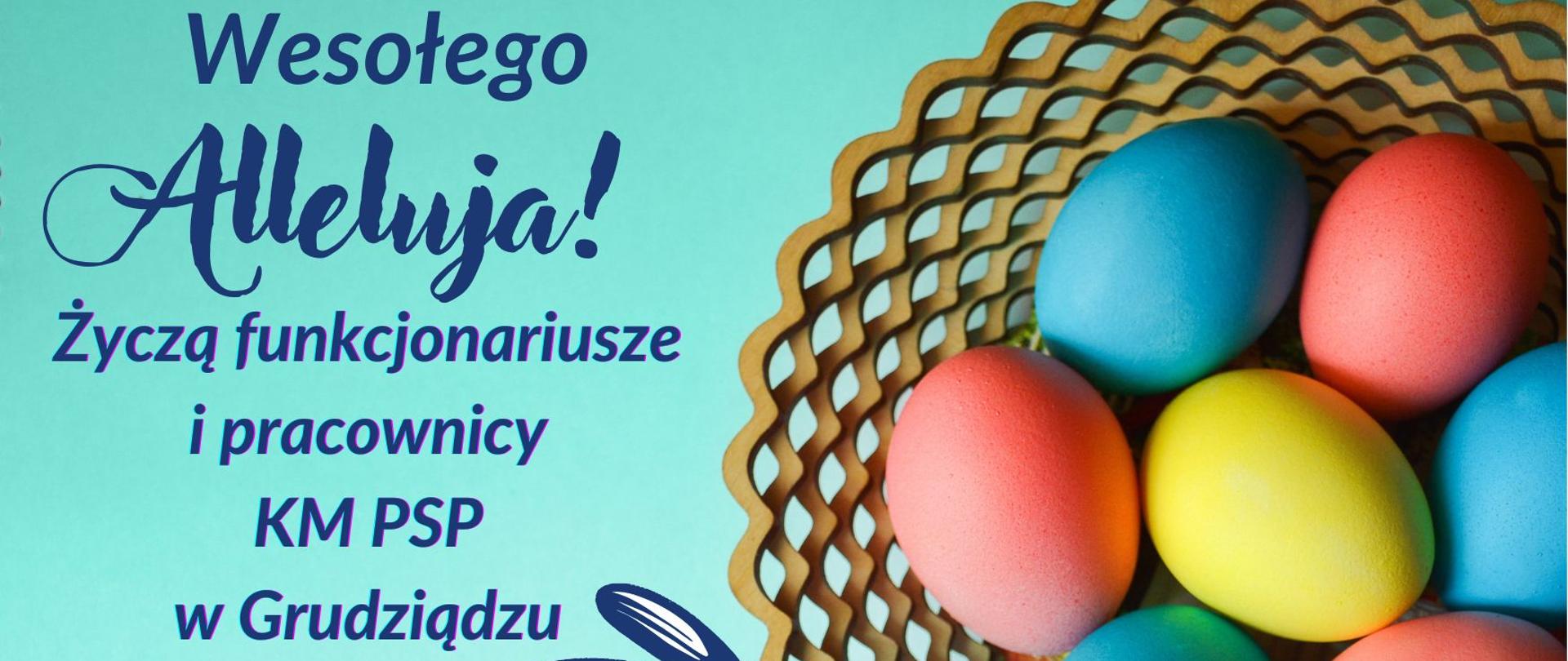 Pisanki w koszyku i życzenia wielkanocne