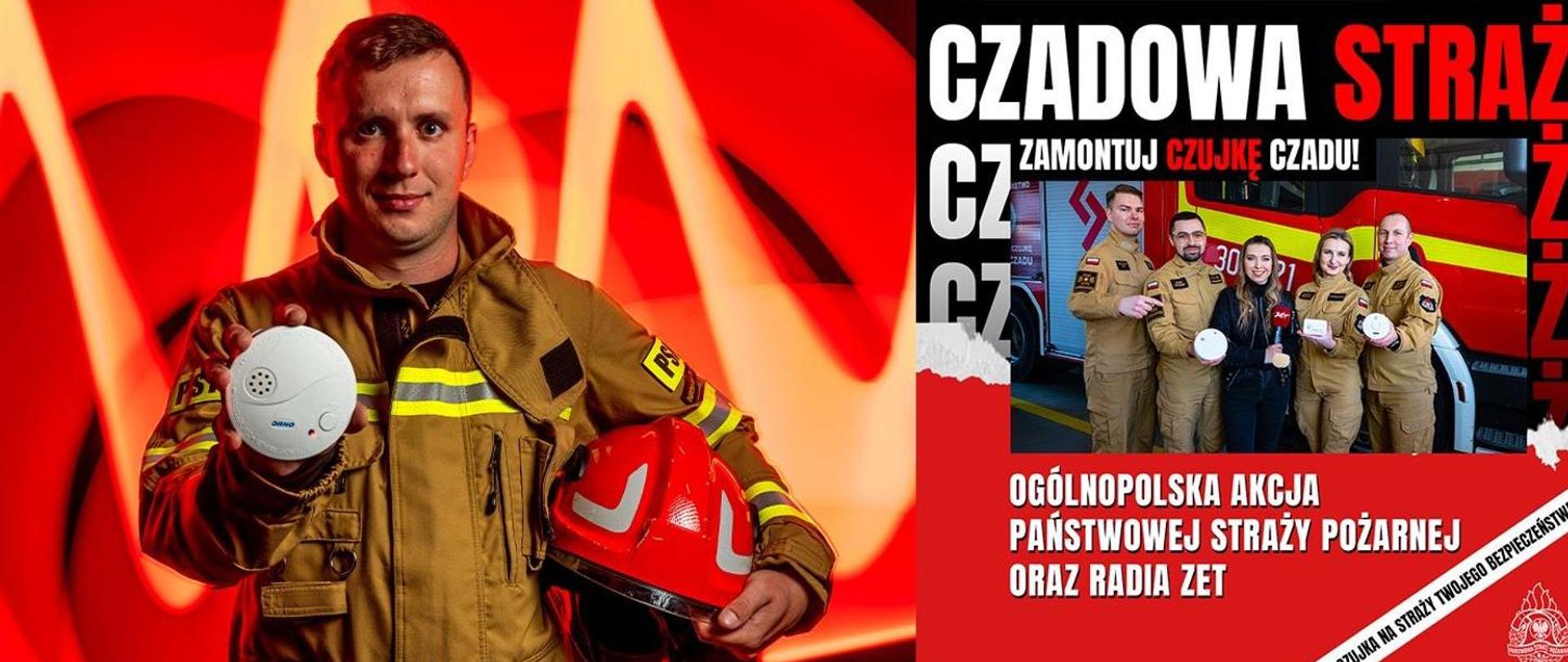 Od lewej strażak w ubraniu bojowym trzyma w ręku czujkę CO, po prawej w dalszym planie strażacy z czujkami w rękach na tle pojazdu