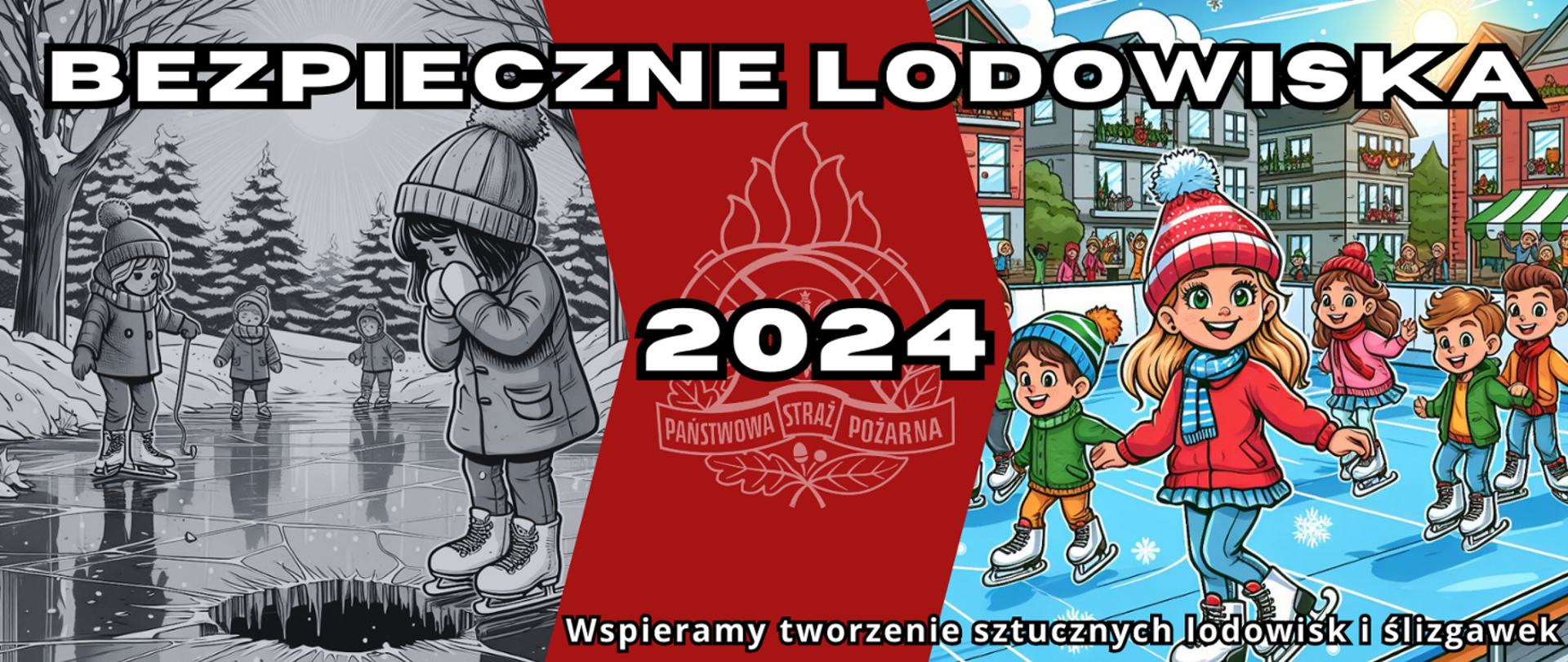Baner przedstawia dwa rysunki przedzielone czerwonym pasem z logotypem Państwowej Straży Pożarnej. Po lewej stronie znajduje się biało-czarny rysunek przedstawiający akwen, nad przeręblem stoi zmartwiona dziewczynka na łyżwach, ubrana w kurtkę i czapkę. w tle trójka dzieci na łyżwach. Wokół akwenu rosną choinki. Po prawej stronie kolorowy rysunek przedstawiający grupę uśmiechniętych dzieci jeżdżących na łyżwach, na sztucznym lodowisku. Na środku banneru jest biały napis Bezpieczne lodowiska 2024, na dole napis: Wspieramy tworzenie sztucznych lodowisk i ślizgawek.