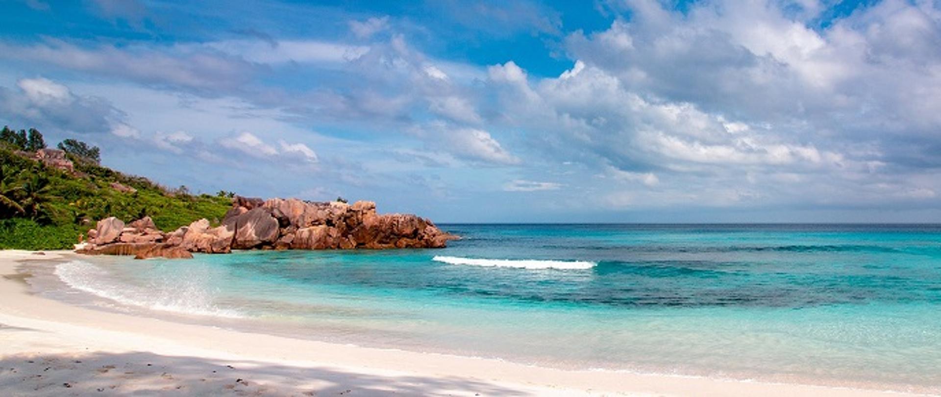 Pusta plaża na Seszelach z lazurowym kolorem wody i palmami na brzegu. 