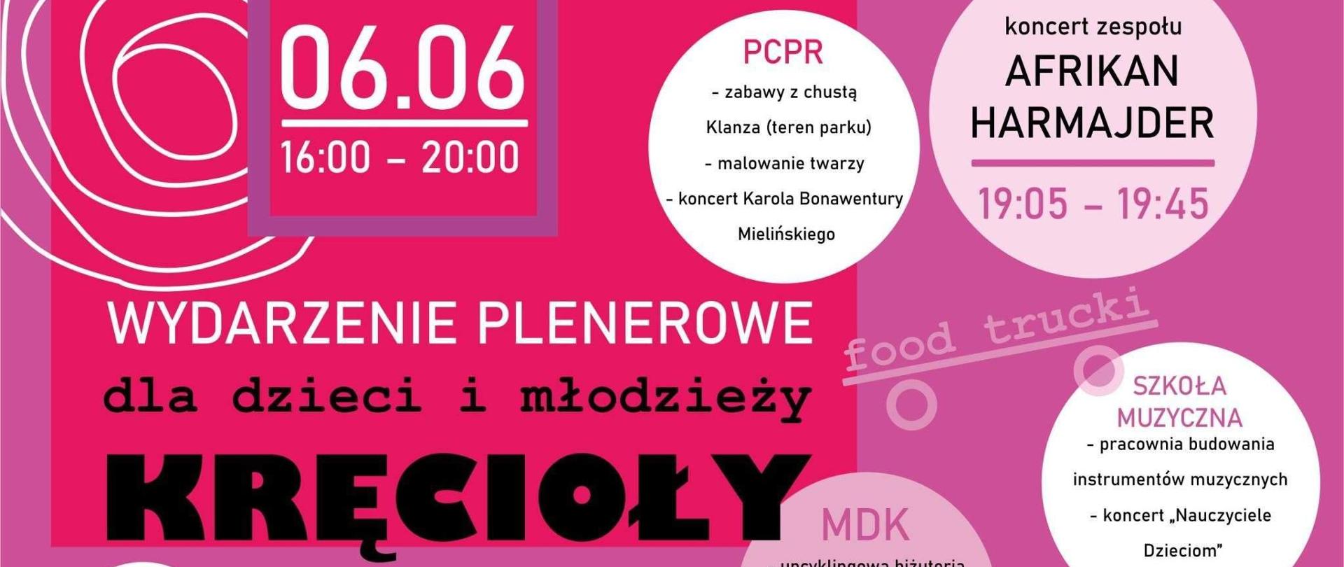 Plakat promujący wydarzenie miejskie, tło w kolorze różowym, na owalnych polach zapowiedzi poszczególnych aktywności