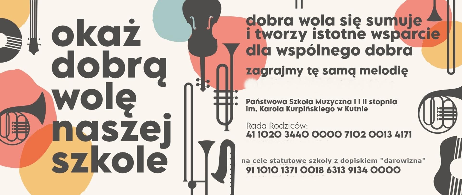 na białym tle po lewej stronie plakatu kolorowe koła a w nich grafika instrumentów muzycznych, na środku plakatu grafika przedstawiająca instrumenty muzyczne w czarnym kolorze, po prawej stronie plakatu czarnymi literami napis - dobra wola się sumuje i tworzy istotne wsparcie dla wspólnego dobra, zagrajmy tę samą melodię, poniżej nr konta z dopiskiem darowizna 41102034400000710200134171 oraz na cele statutowe szkoły - 91101013710018631391340000