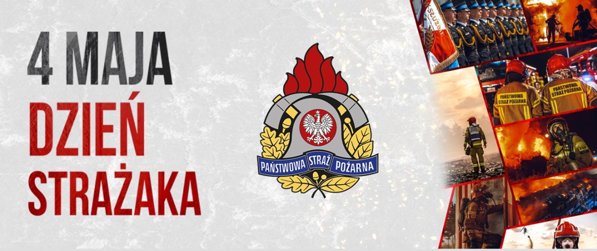 Plakat z wizerunkami strażaków i wozu strażackiego. 