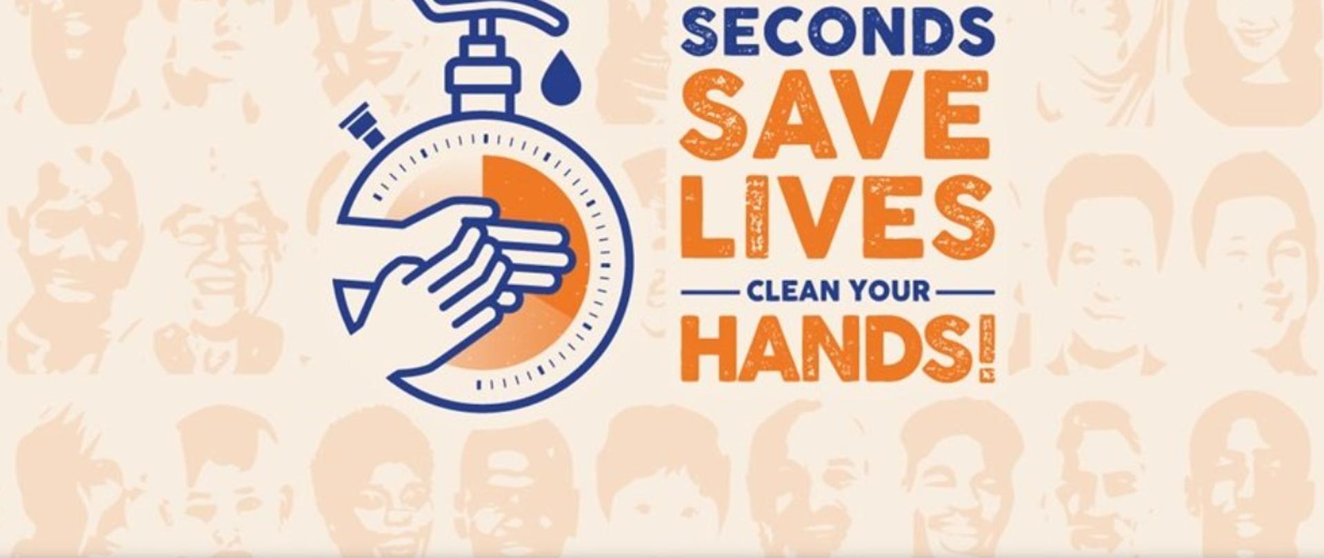 Napis w języku angielskim i polskim : Światowy Dzień Higieny Rąk 2021 - Sekundy ratują życie - umyj ręce! Infografika mydło w płynie na którym są wskazówki zegara i ręce