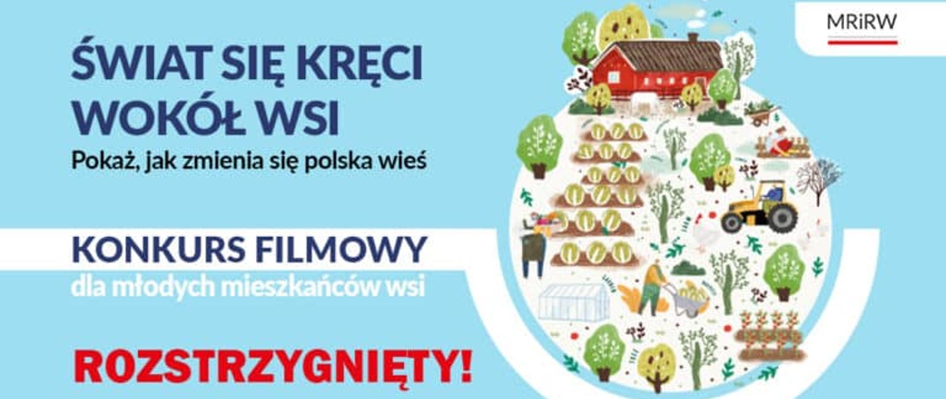 Grafika informująca o rozstrzygnięciu konkursu filmowego dla młodych mieszkańców wsi pt. „Świat się kręci wokół wsi”. Po prawej stronie znajduje się ilustracja w kształcie kuli, przedstawiająca wiejskie gospodarstwo: czerwony dom, traktor, uprawy warzyw i zwierzęta hodowlane. Na dole widoczne są logotypy partnerów: MRiRW, Krajowy Ośrodek Wsparcia Rolnictwa oraz Agencja Restrukturyzacji i Modernizacji Rolnictwa.