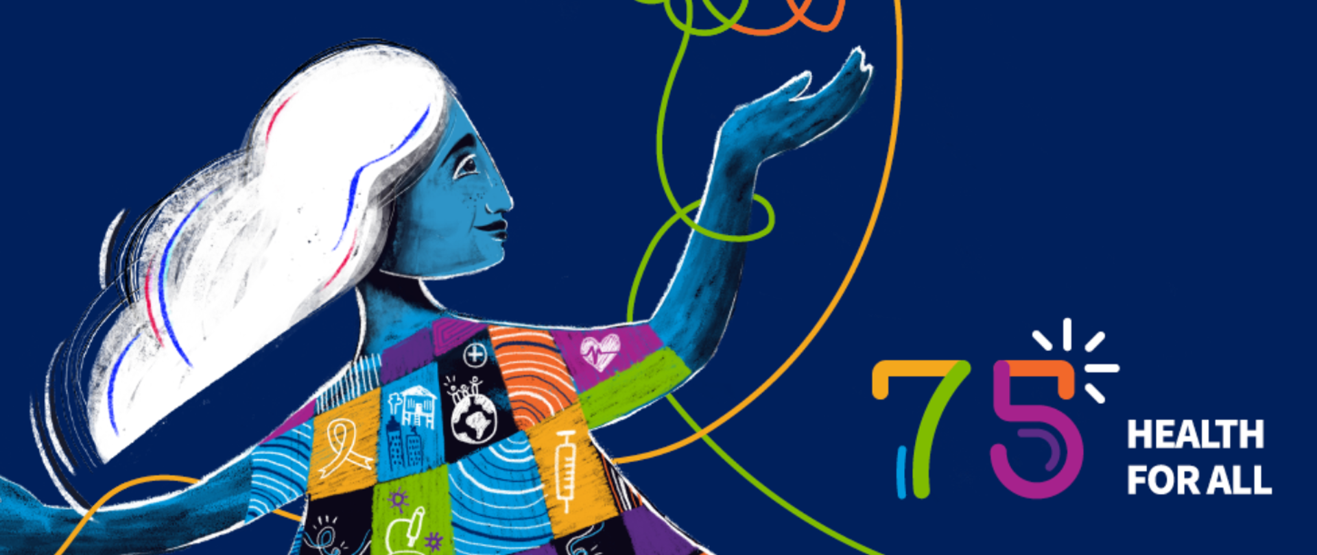 Na grafice znajduje się ujęta graficznie kobieta z rozłożonymi rękoma. Po jej prawej stronie znajduje się napis 75. Health for all. Tło jest granatowe.