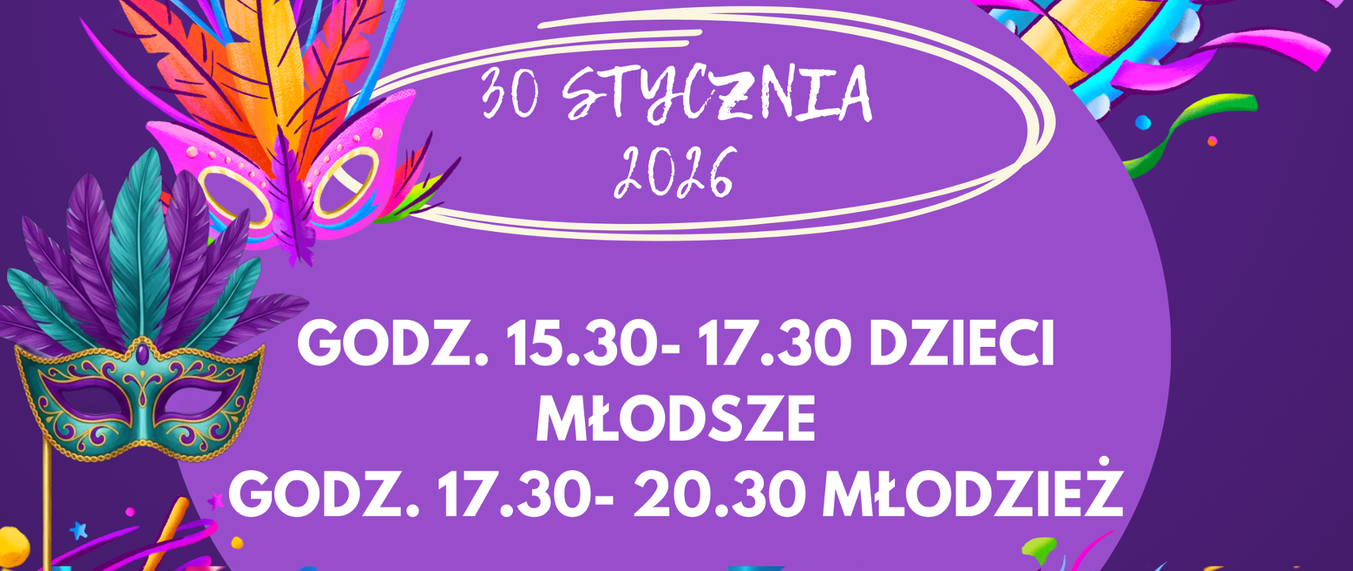Plakat fioletowe tło nawiązujące do przestrzeni podwodnej dużo serpentyn bibelotów maski karnawałowe z piórami w różnych kolorach wszystko jakby pływało po środku jaśniejsza fioletowa kula napis 30 stycznia 2026 godzina 15:30 do 17:30 dzieci młodsze godzina 17:30 do 20:30 młodzież Od samej góry napis państwowa szkoła muzyczna pierwszego i drugiego stopnia mija Witolda Lutosławskiego w Nysie zaprasza na zabawę karnawałową