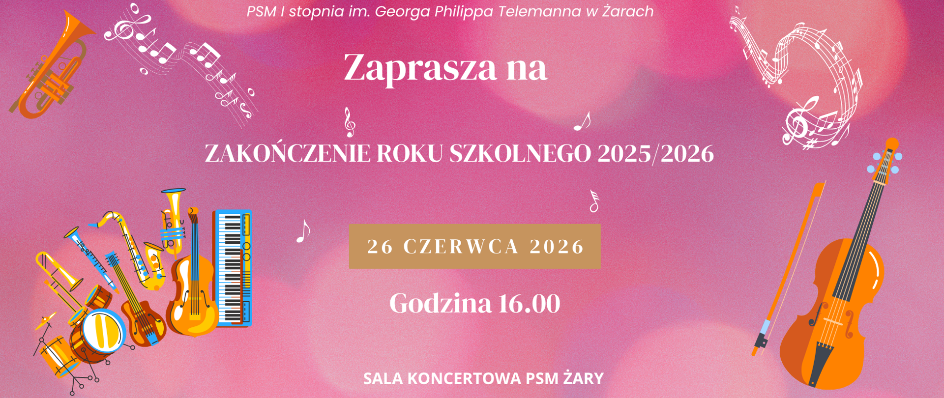 Plakat ma charakter uroczysty i promocyjny. Informuje o zakończeniu roku szkolnego w Państwowej Szkole Muzycznej I stopnia im. Georga Philippa Telemanna w Żarach.
Układ i treść plakatu
W górnej części znajduje się nazwa szkoły:
„PSM I stopnia im. Georga Philippa Telemanna w Żarach”.
Centralnie umieszczony jest napis:
„Zaprasza na”
oraz największy element tekstowy:
„ZAKOŃCZENIE ROKU SZKOLNEGO 2025/2026”.
Poniżej, na złotym prostokątnym tle, widnieje data wydarzenia:
„26 CZERWCA 2026”.
Niżej podano godzinę rozpoczęcia:
„Godzina 16.00”.
W dolnej części plakatu znajduje się informacja o miejscu:
„SALA KONCERTOWA PSM ŻARY”.
Szata graficzna
Tło utrzymane jest w delikatnych odcieniach różu, fioletu i pastelowego różowego światła, co nadaje plakatowi elegancki i pogodny charakter, kojarzący się z podsumowaniem roku szkolnego i świętowaniem osiągnięć uczniów.
Całość ozdobiona jest motywami muzycznymi:
białymi pięcioliniami z nutami,
kluczami wiolinowymi,
pojedynczymi nutami rozmieszczonymi w różnych częściach plakatu.
Instrumenty muzyczne
Po lewej stronie widoczna jest kolorowa kompozycja instrumentów:
perkusja,
puzon,
trąbka,
saksofony,
skrzypce,
wiolonczela,
fortepian (klawiatura).
W lewym górnym rogu znajduje się dodatkowo duża trąbka.
Po prawej stronie dominuje duża ilustracja skrzypiec z smyczkiem, symbolizująca edukację muzyczną i artystyczny charakter szkoły.
Ogólne wrażenie
Plakat jest estetyczny, czytelny i przyjazny odbiorcy. Dzięki wykorzystaniu wielu instrumentów podkreśla różnorodność specjalności nauczanych w szkole muzycznej, a pastelowa kolorystyka i nutowe ornamenty tworzą atmosferę święta, podsumowania całorocznej pracy uczniów i nauczycieli.