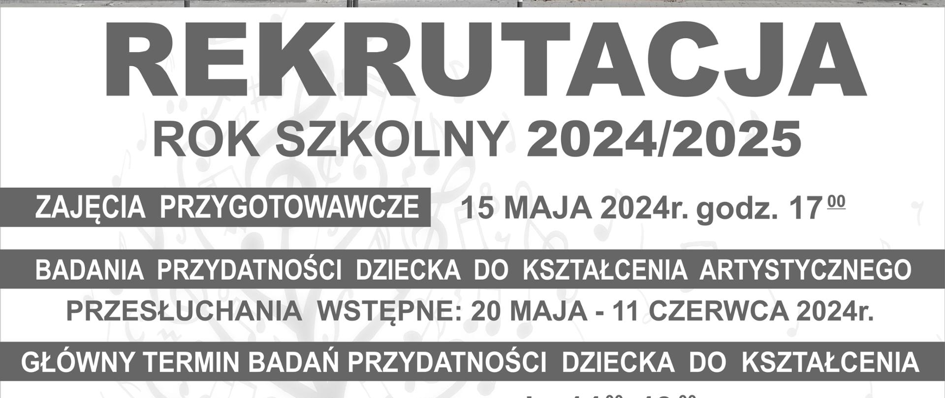 Plakat z widokiem budynku szkoły. w górnej części plakatu niebieskie tło z wpisem Państwowa Szkoła Muzyczna I st. im. Andrzeja Kurylewicza w Namysłowie, Namysłów, ul. Józefa Piłsudskiego 11, tel. 774101261, www.gov.pl/psmnamyslow. W dolnej części plakatu na białym tle wpis: Rekrutacja rok szkolny 2024/2025, zajęcia przygotowawcze 15 maja 2024 r. godz.17:00, badania przydatności dziecka do kształcenia artystycznego przesłuchania wstępne 220 maja – 11 czerwca 2024 r. Głównym termin badań przydatności dziecka do kształcenia 22 maja 2024 godz. 14:00 – 19:00. Szkoła prowadzi naukę gry na instrumentach: fortepian, gitara, skrzypce, saksofon, flet, trąbka, akordeon, perkusja, puzon. Wnioski o przyjęcie do szkoły składamy w sekretariacie szkoły lub drogą elektroniczną na adres: sekretariat@psmnamyslow.pl. Wnioski przyjmujemy tylko z ważnym zaświadczeniem lekarskim o braku przeciwwskazań do nauki w Państwowej Szkole Muzycznej.