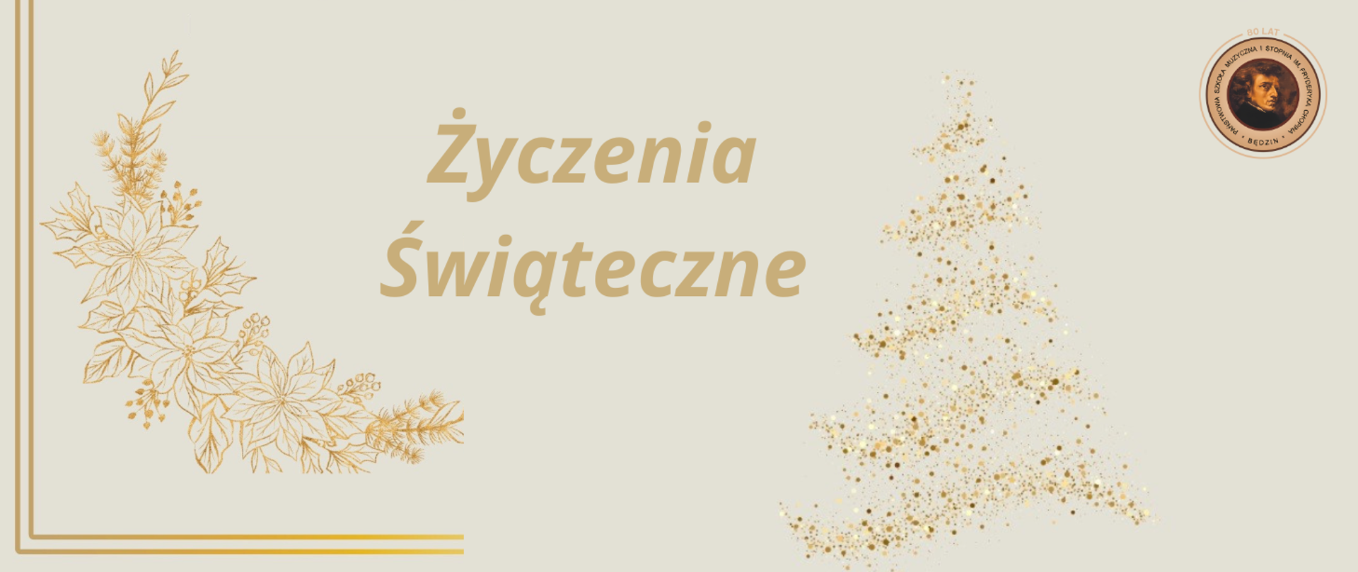 baner na beżowym tle, na środku napis życzenia, po prawej logo szkoły, na tle ikony brokatowej choinki i gwiazdy betlejemskiej