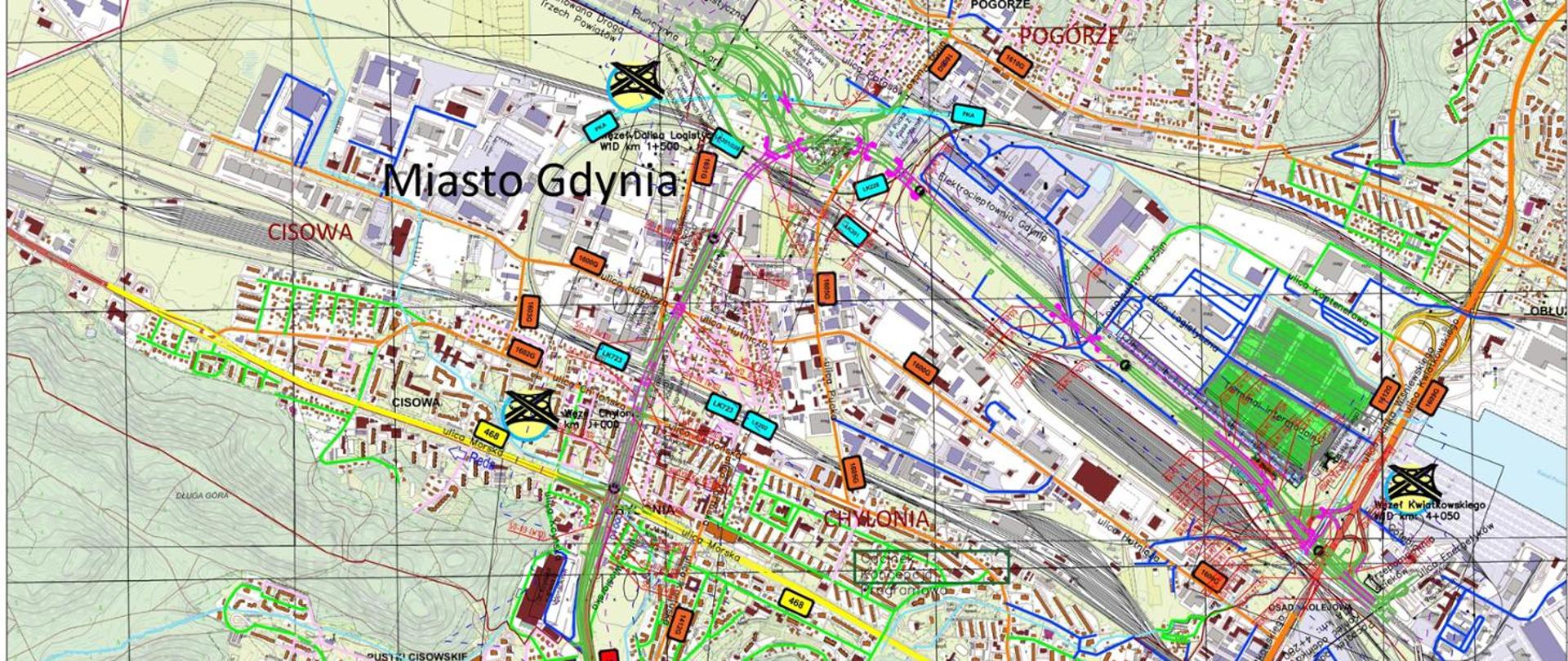 Mapa topograficzna fragmentu miasta Gdynia z zaznaczonymi dzielnicami Cisowa, Chylonia i Pogórze. Widoczne są linie kolejowe, drogi, obiekty przemysłowe, tereny zielone oraz infrastruktura techniczna. Na mapie znajdują się oznaczenia w różnych kolorach: niebieskie linie dla sieci wodociągowych, różowe dla planowanych tras, zielone dla terenów sportowych, a pomarańczowe dla obiektów drogowych. W centrum widoczny napis ‘Miasto Gdynia’.