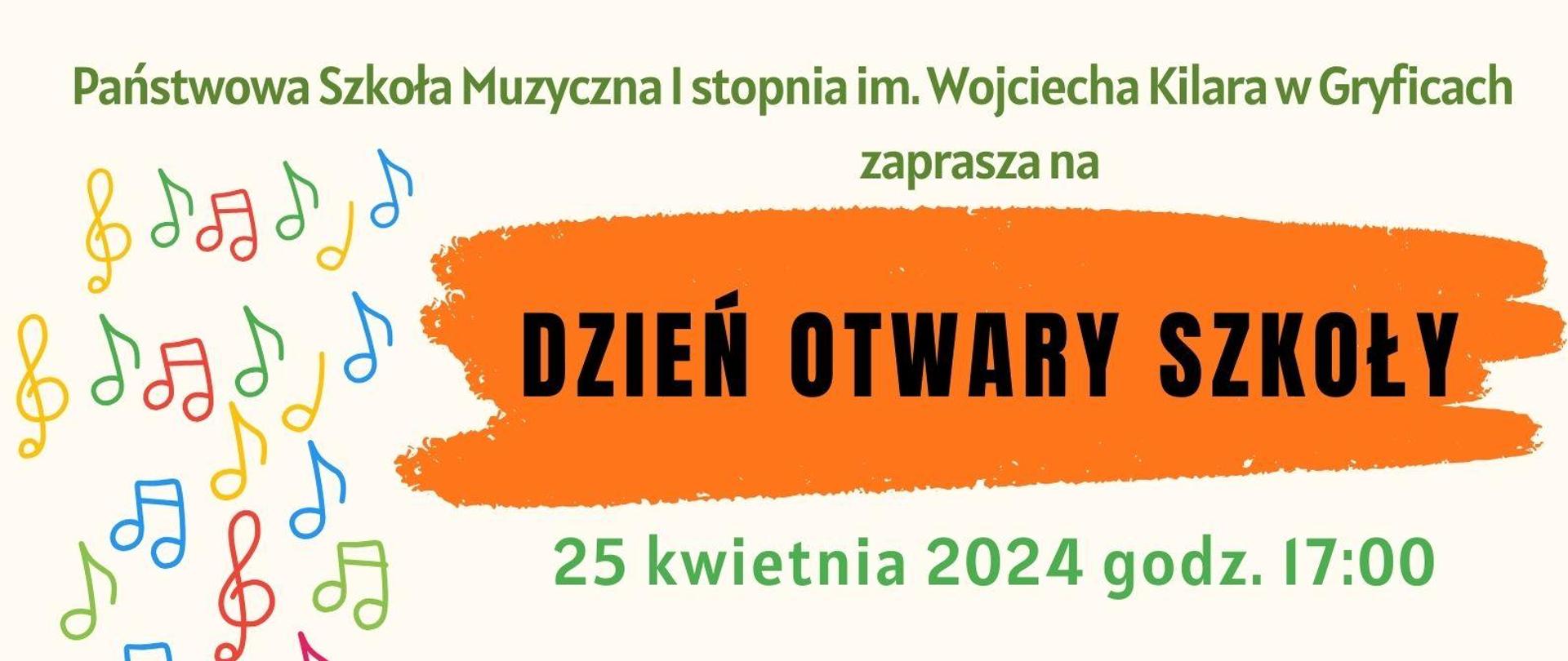 Plakat z elementami muzycznymi informujący o dniu otwartym w szkole