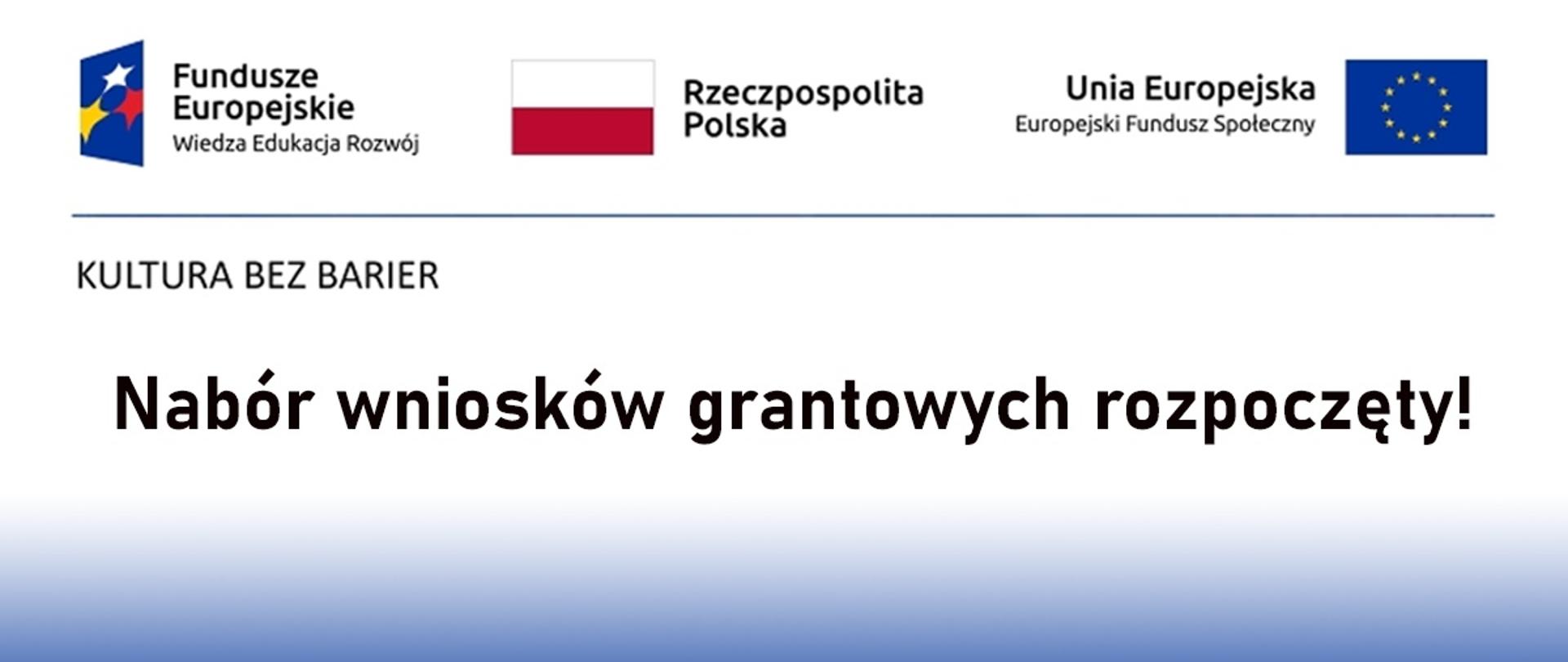 Rozpoczął się nabór wniosków w konkursie grantowym projektu „Kultura bez barier”, grafika z napisem plus logotypy RP, UE i FE. 