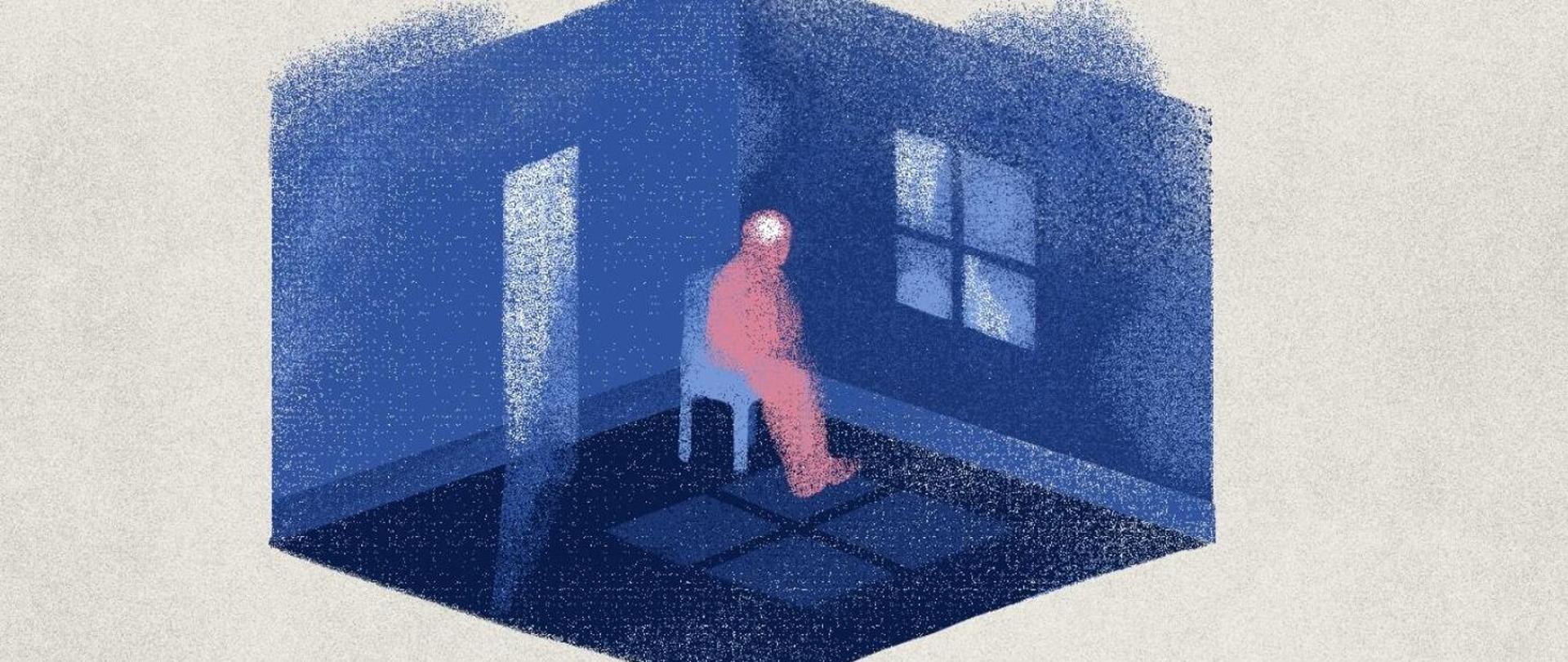 Ilustracja osoby siedzącej na krześle w pustym, niebieskim pomieszczeniu, oświetlonym światłem wpadającym przez okno i drzwi