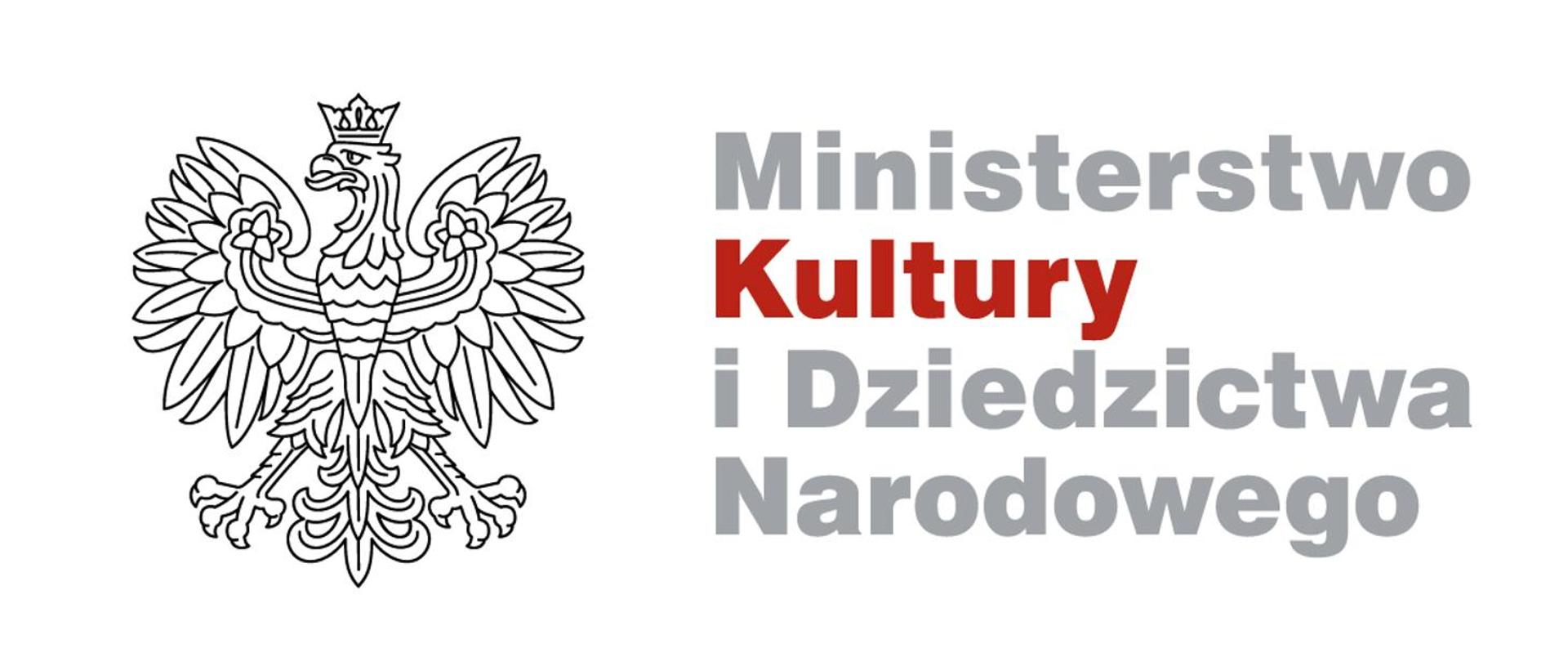 Logotyp Ministerstwa Kultury i Dziedzictwa Narodowego. Z lewej strony Godło Polski, z prawej strony nazwa ministerstwa