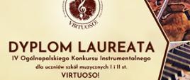Zdjęcie przedstawia logo IV Ogólnopolskiego Konkursu Instrumentalnego Virtuoso, grafikę instrumentów, 