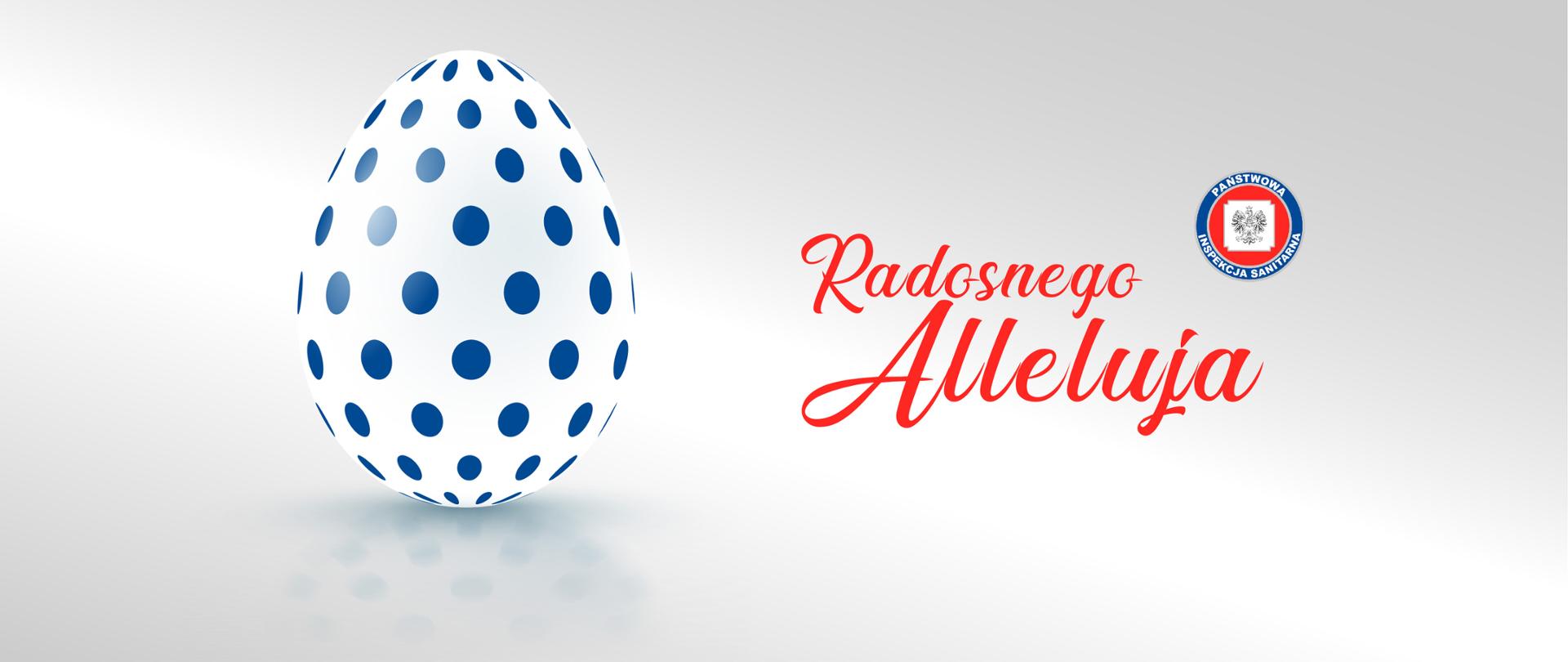 Pisanka w kropki. Obok napis Radosnego Alleluja oraz logo Państwowej Inspekcji Sanitarnej.