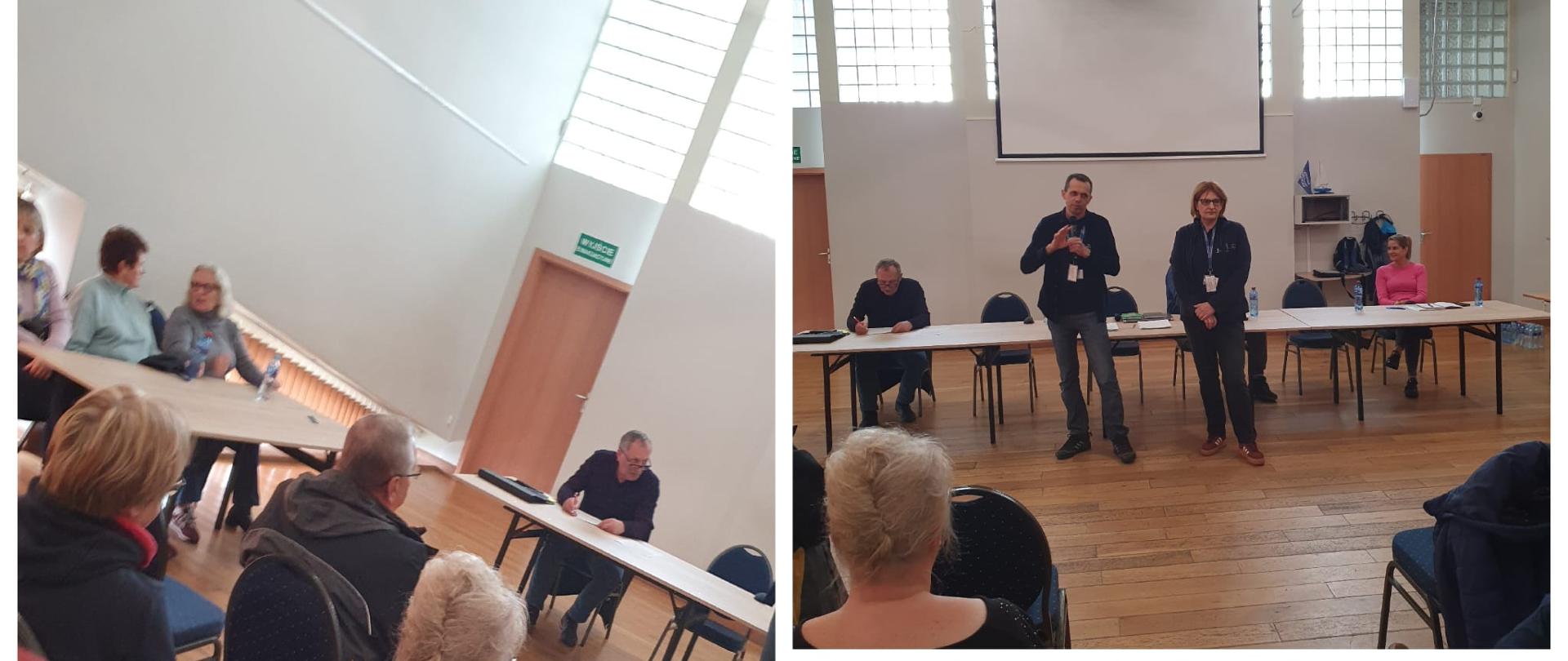 Kolaż 3 zdjęć, uczestnicy szkolenia siedzą przy stołach i słuchają przemawiających dwóch prelegentów