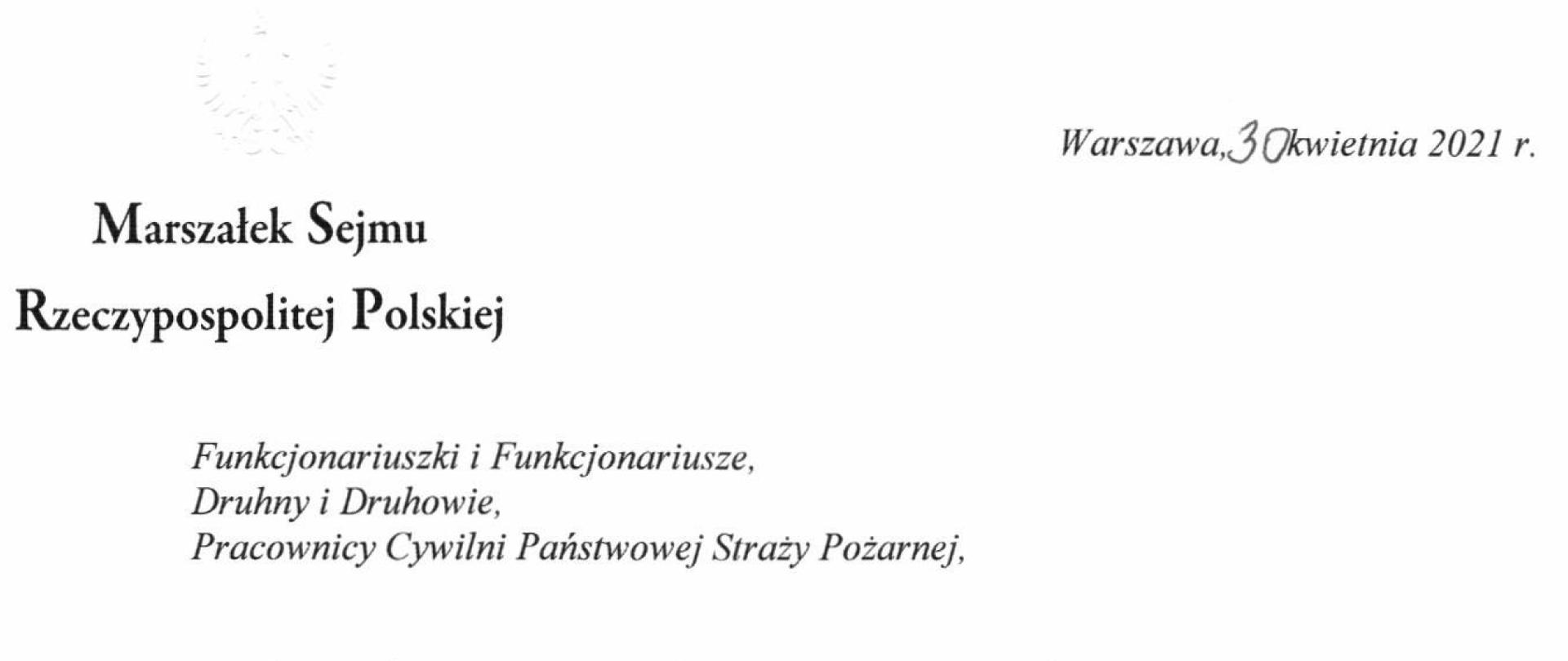 Życzenia Marszałka Sejmu Rzeczypospolitej Polskiej z okazji Dnia Strażaka