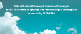 Plakat informujący o liście osób zakwalifikowanych i niezakwalifikowanych do Szkoły muzycznej. W górnej części plakatu napis. W dolnej części grafika przedstawiająca chmurę, . 