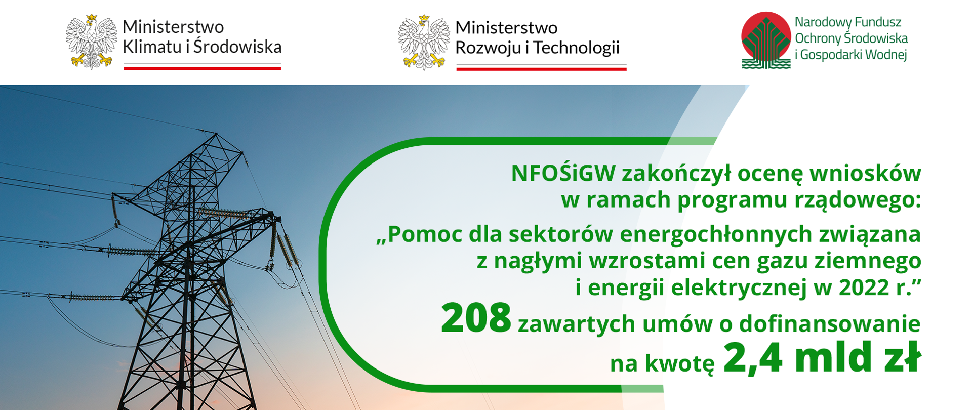 Grafika z informacją o zakończeniu oceny wniosków w ramach programu pomocy dla sektorów energochłonnych - zawarto 208 umów o dofinansowanie na kwotę 2,4 miliarda złotych 