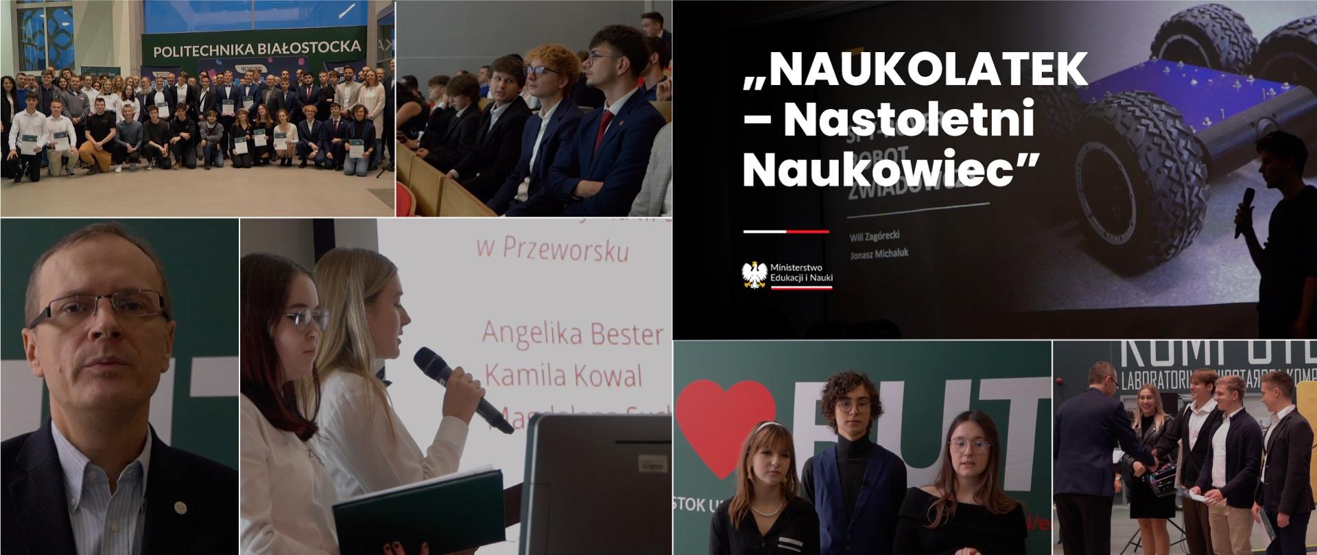 Kolaż kilku zdjęć przedstawiających młodych ludzi i napis "Naukolatek - nastoletni naukowiec".