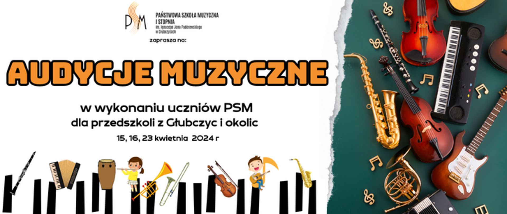Audycje muzyczne w wykonaniu uczniów PSM dla przedszkoli. Na górze baneru logo PSM w Głubczycach, po prawej grafiki przedstawiające instrumenty muzyczne
