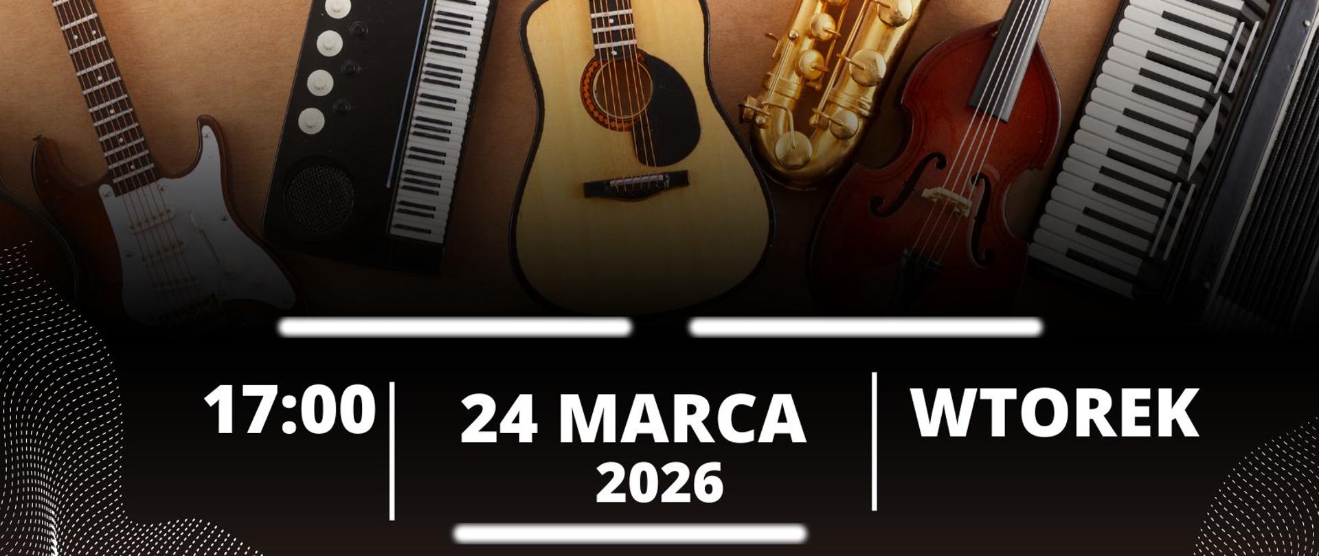 plakat z instrumentami i napisem II Szkolny Koncert Młodych Kompozytorów 17:00 24 marca 2026 wtorek PSM Wodzisław Śląski