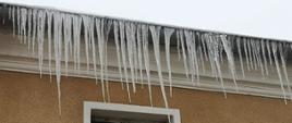 Na zdjęciu widać zwisające duże sople lodu, przy rynnie budynku.