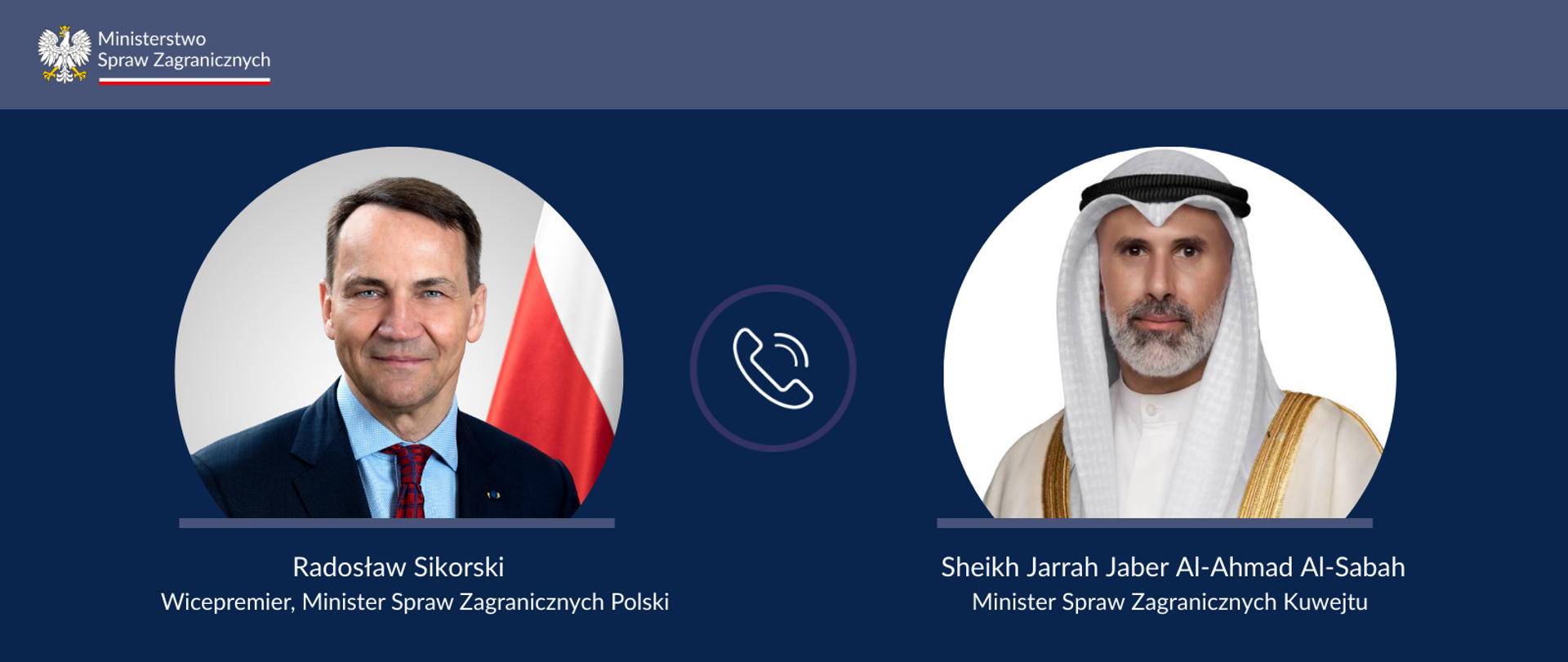 Na zdjęciach (na granatowym tle) ministrowie spraw zagranicznych Polski i Kuwejtu. Po środku słuchawka telefoniczna. 