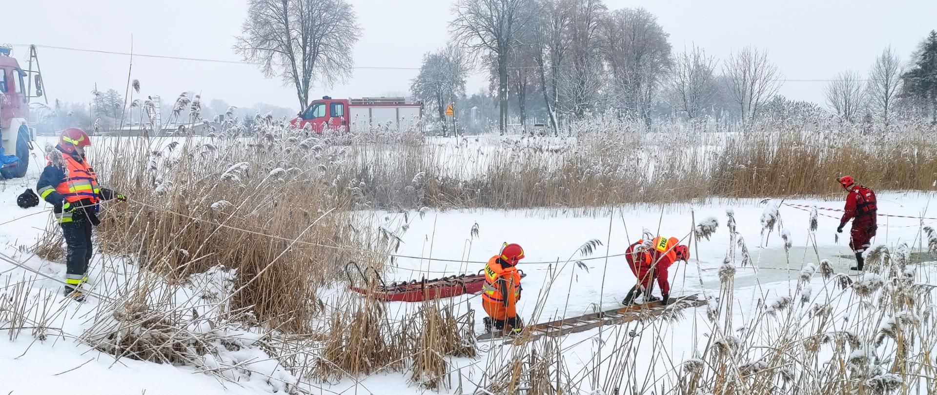 Czterech strażaków ubranych w specjalne skafandry odbywający ćwiczenia z wykorzystaniem sań lodowych i drabin na zamarzniętym stawie. W tle samochody bojowe straży pożarnej.