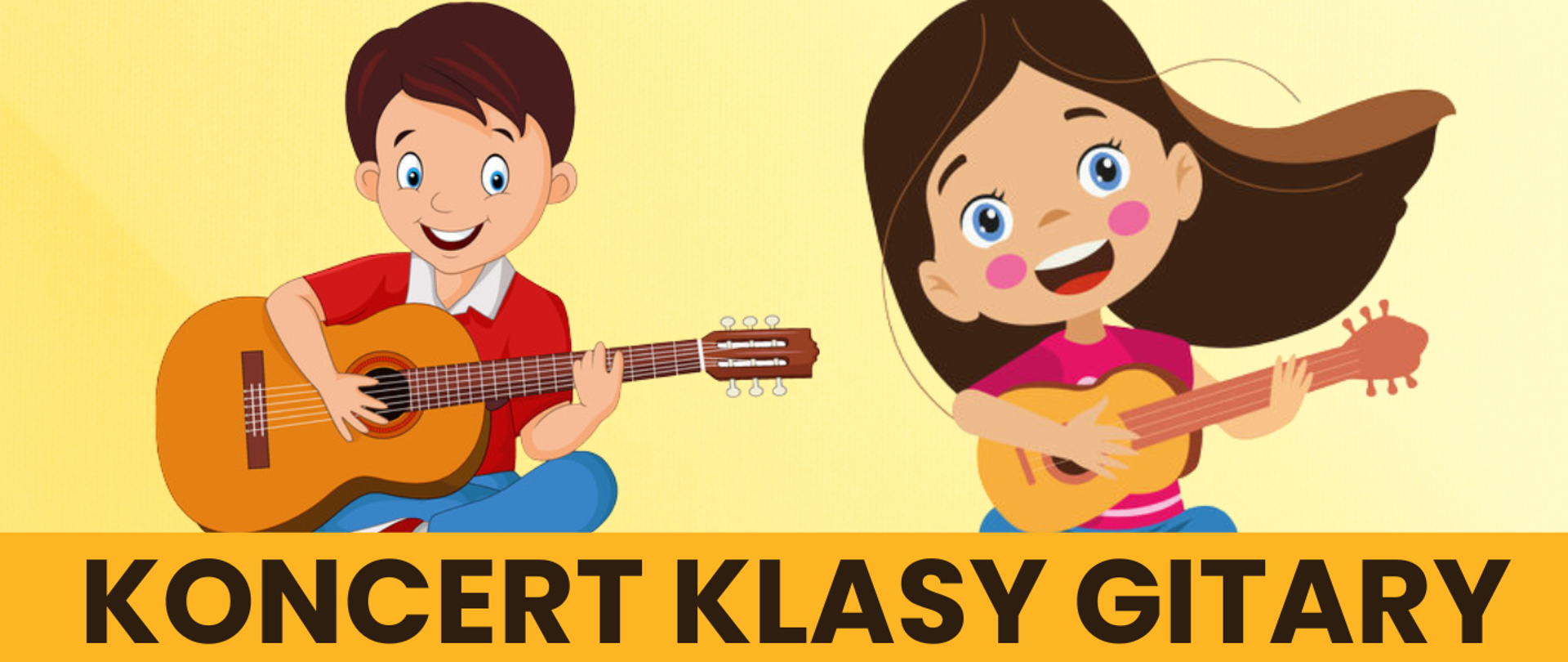 Tło obrazka w kolorze żółtym. W centralnej części obrazka ciemno żółty pasek, a na nim czarny napis "koncert klasy gitary". Nad paskiem grafika dwojga dzieci. Po lewej stronie siedzi chłopiec w brązowych włosach, ubrany w czerwoną bluzkę z białym kołnierzykiem i gra na gitarze. Obok niego uśmiechnięta dziewczynka w brązowych włosach również gra na gitarze. Pod żółtym paskiem czarny napis: "pana Tadeusza Wirzby", dalej po lewej data i godzina koncertu oraz napis: "serdecznie zapraszamy". Po prawej stronie grafika dziewczynki w brązowych włosach, w fioletowej sukience, która gra na gitarze.