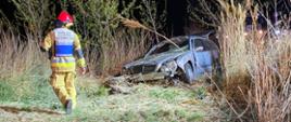 Strażak kierujący działaniami ratowniczymi podchodzi do stojącego w krzakach rozbitego osobowego mercedesa