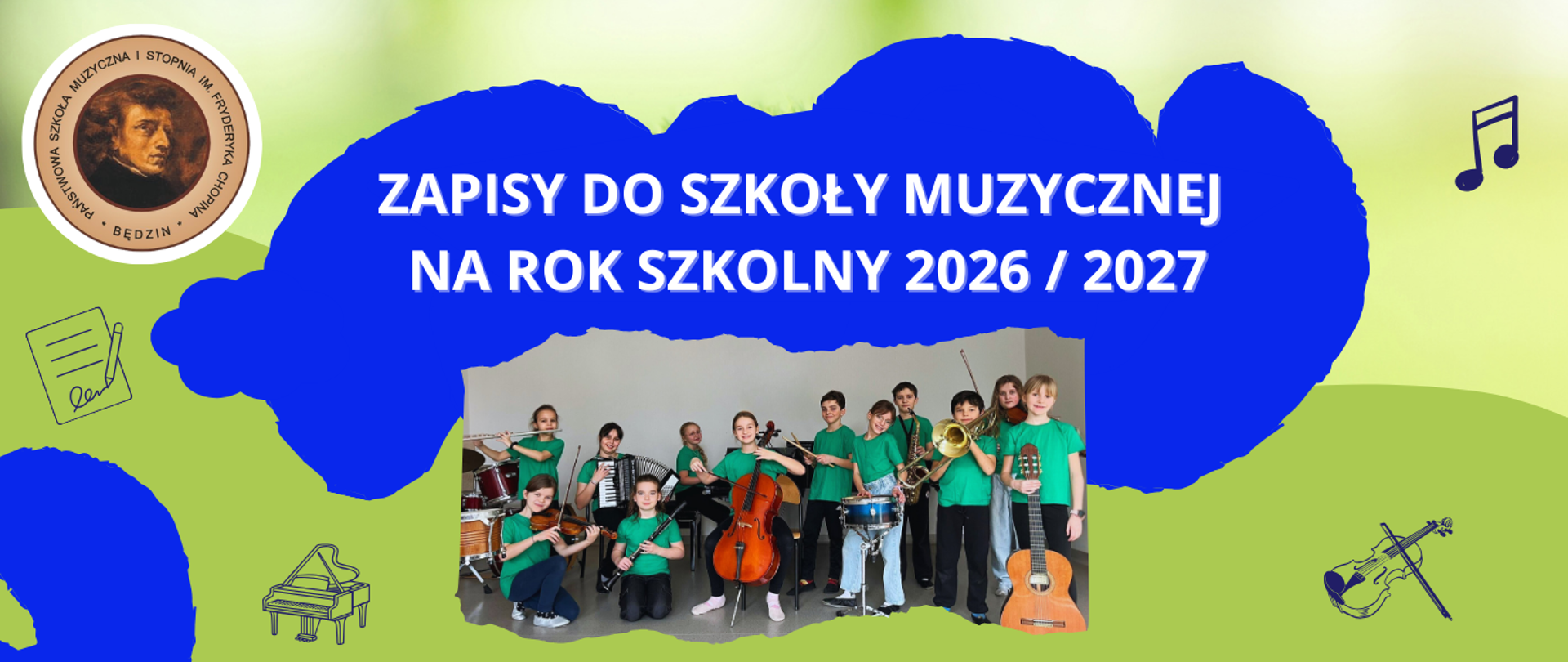 baner na zielonym tle, na środku zdjęcie dzieci, po lewej logo szkoły
