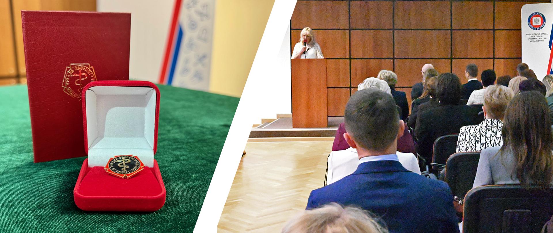 Po lewej stronie odznaka "Za zasługi dla ochrony zdrowia" w czerwonym etui, a za nią legitymacja. Po prawej stronie część sali konferencyjnej. Ludzie siedzący w rzędach, na scenie stoi mównica, przy której stoi Zastępca MPWIS.