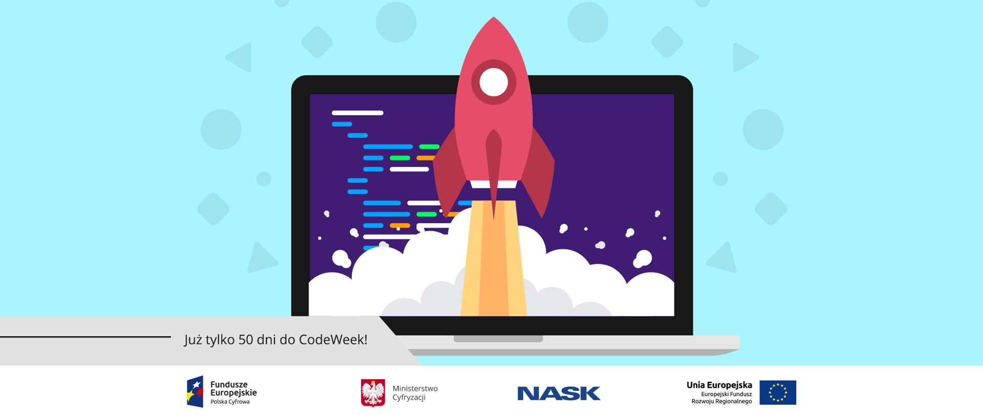 Grafika - ekran laptopa. Na nim startująca kolorowa rakieta.