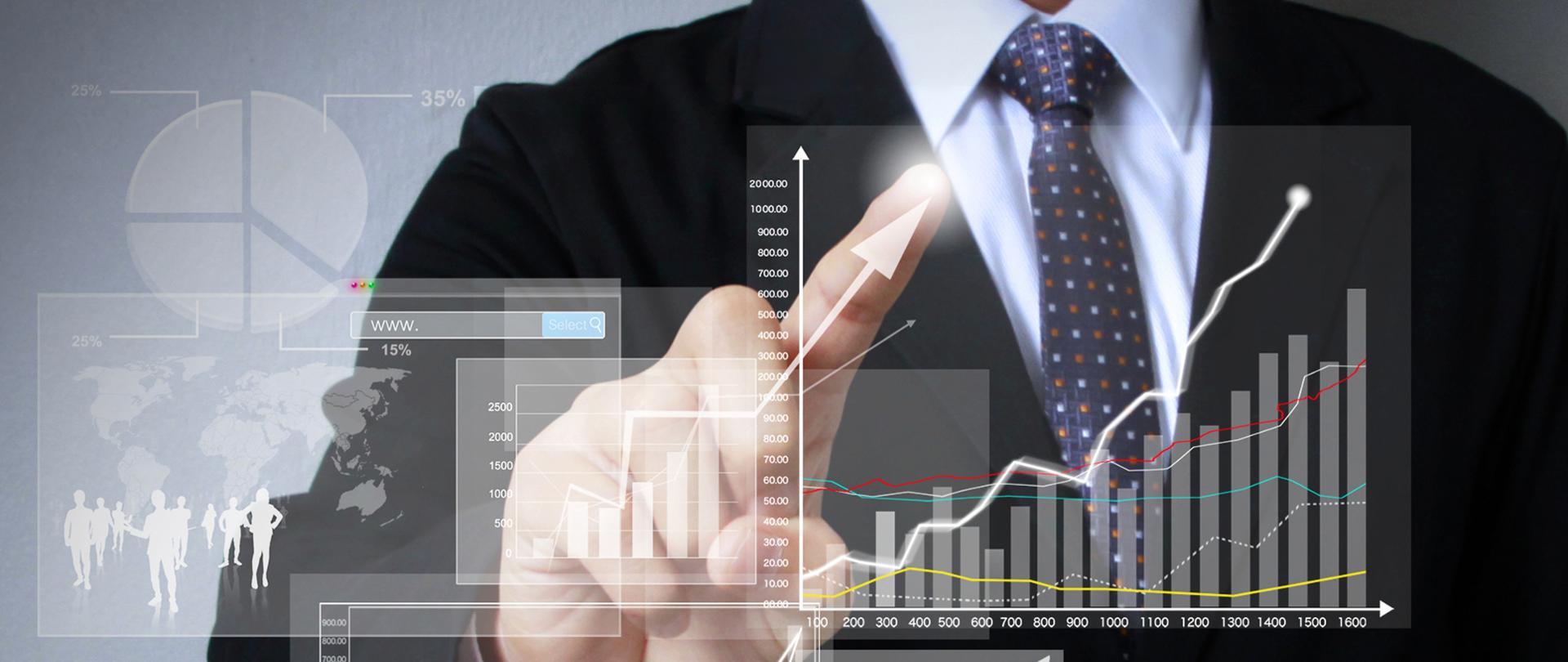 businessman with financial symbols coming from hand 