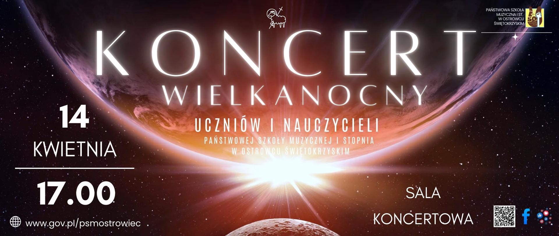 białe napisy informujące o koncercie wielkanocnym na tle ziemi w kosmosie, z logo szkoły w kolorze żółto-brązowym